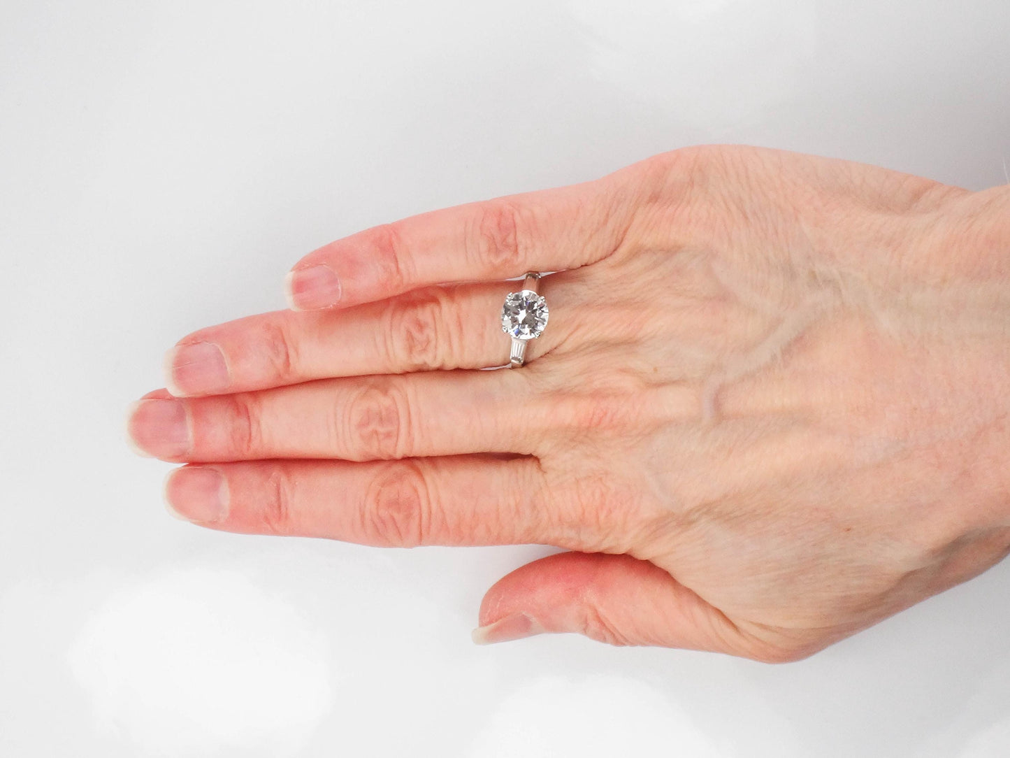 Vintage 14k Engagement Ring, Clear Spinel Ring, White Gold Imitation Diamond Ring with Baguettes, Travel Ring