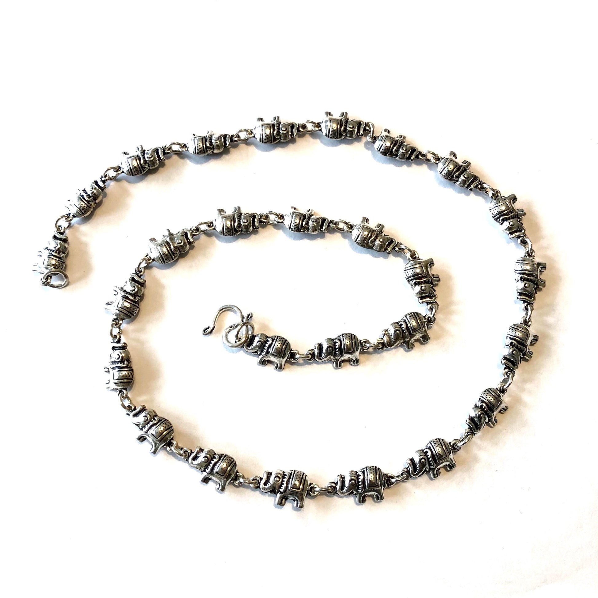 Vintage Sterling Silver Tiny Marching Elephants Necklace, 925 Good Luck Necklace 20"