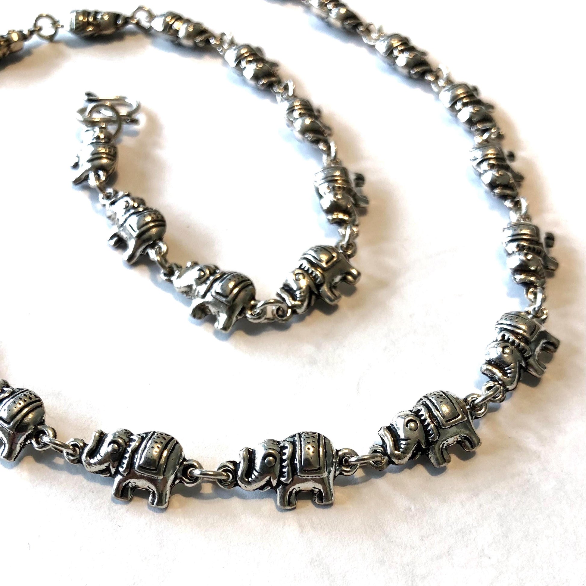 Vintage Sterling Silver Tiny Marching Elephants Necklace, 925 Good Luck Necklace 20"