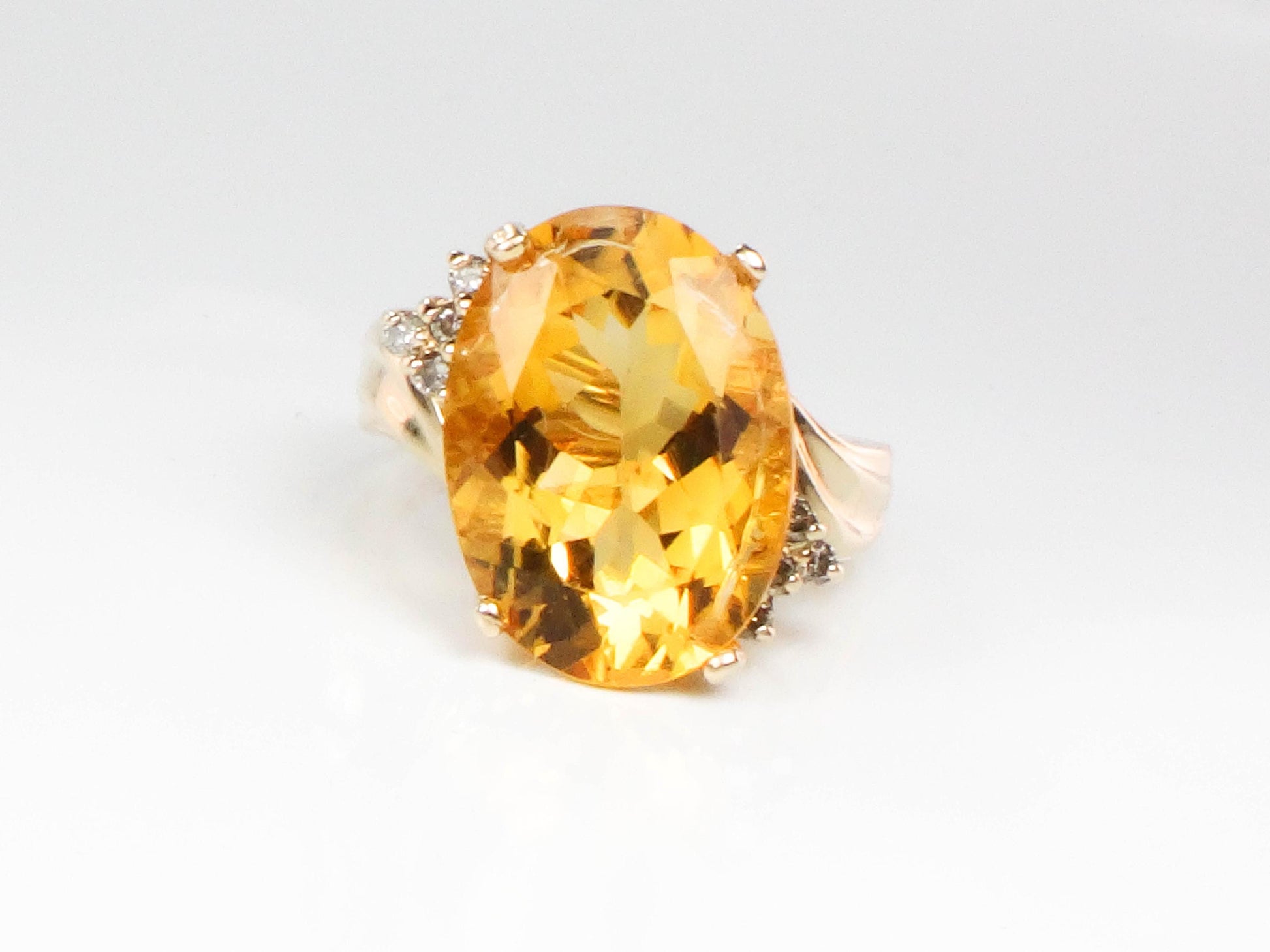 Vintage 14k Yellow Gold Citrine Diamond Ring - 10 CT November Birthstone, Size 6.75