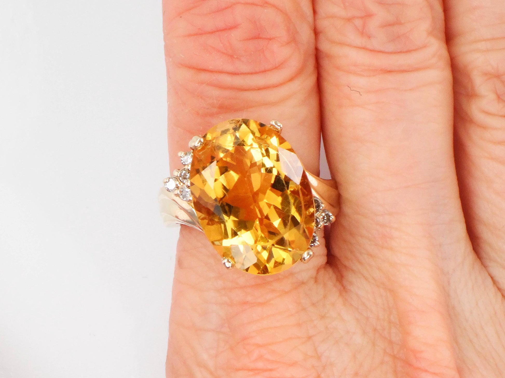 Vintage 14k Yellow Gold Citrine Diamond Ring - 10 CT November Birthstone, Size 6.75