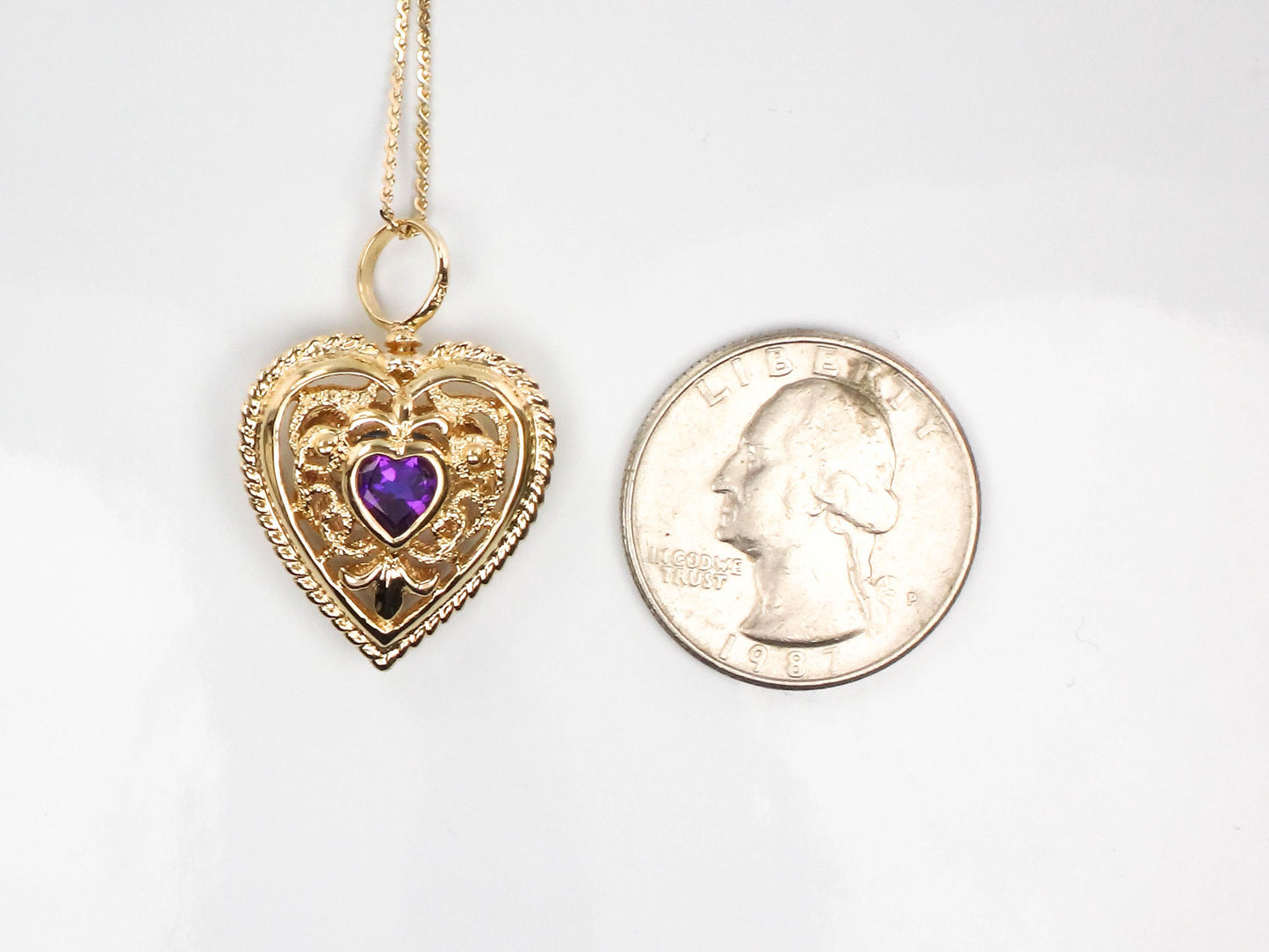 Vintage 14k Yellow Gold Purple Amethyst and Blue Topaz Heart Necklace, Reversible Pendant, 16"