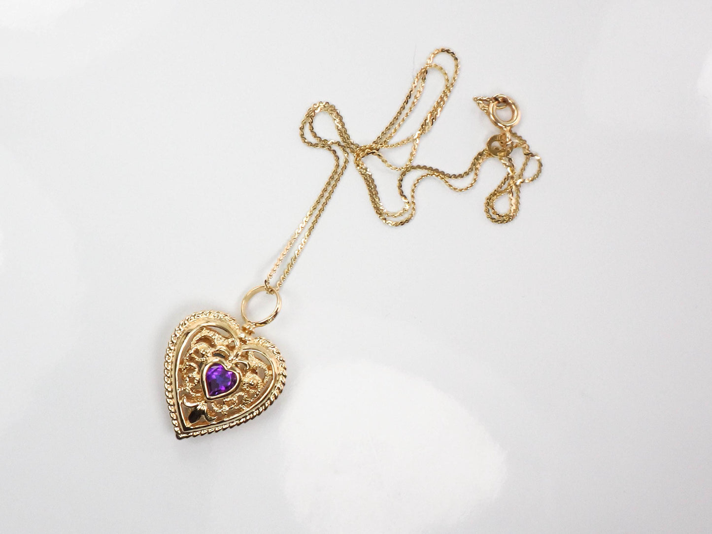 Vintage 14k Yellow Gold Purple Amethyst and Blue Topaz Heart Necklace, Reversible Pendant, 16"