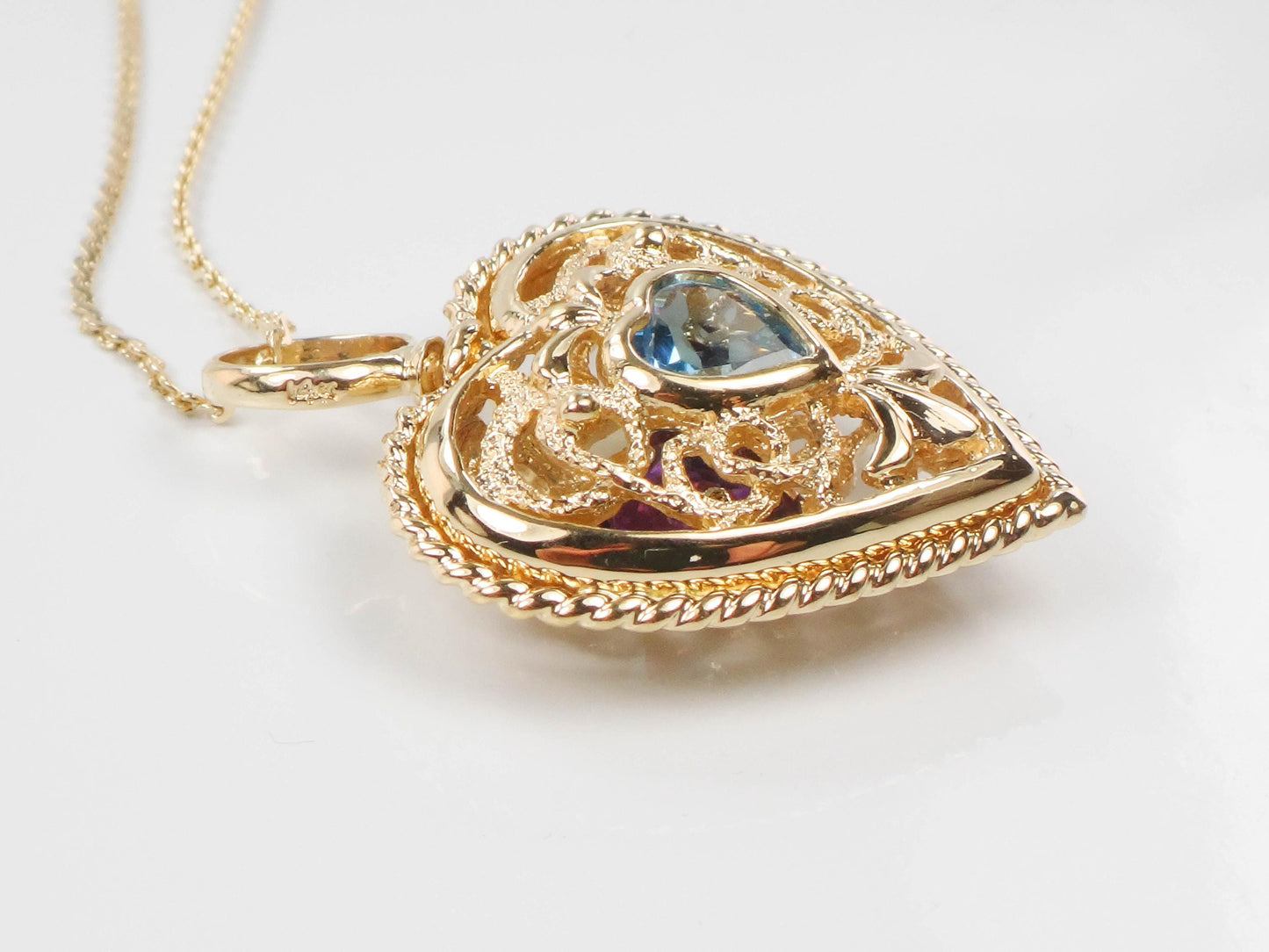 Vintage 14k Yellow Gold Purple Amethyst and Blue Topaz Heart Necklace, Reversible Pendant, 16"
