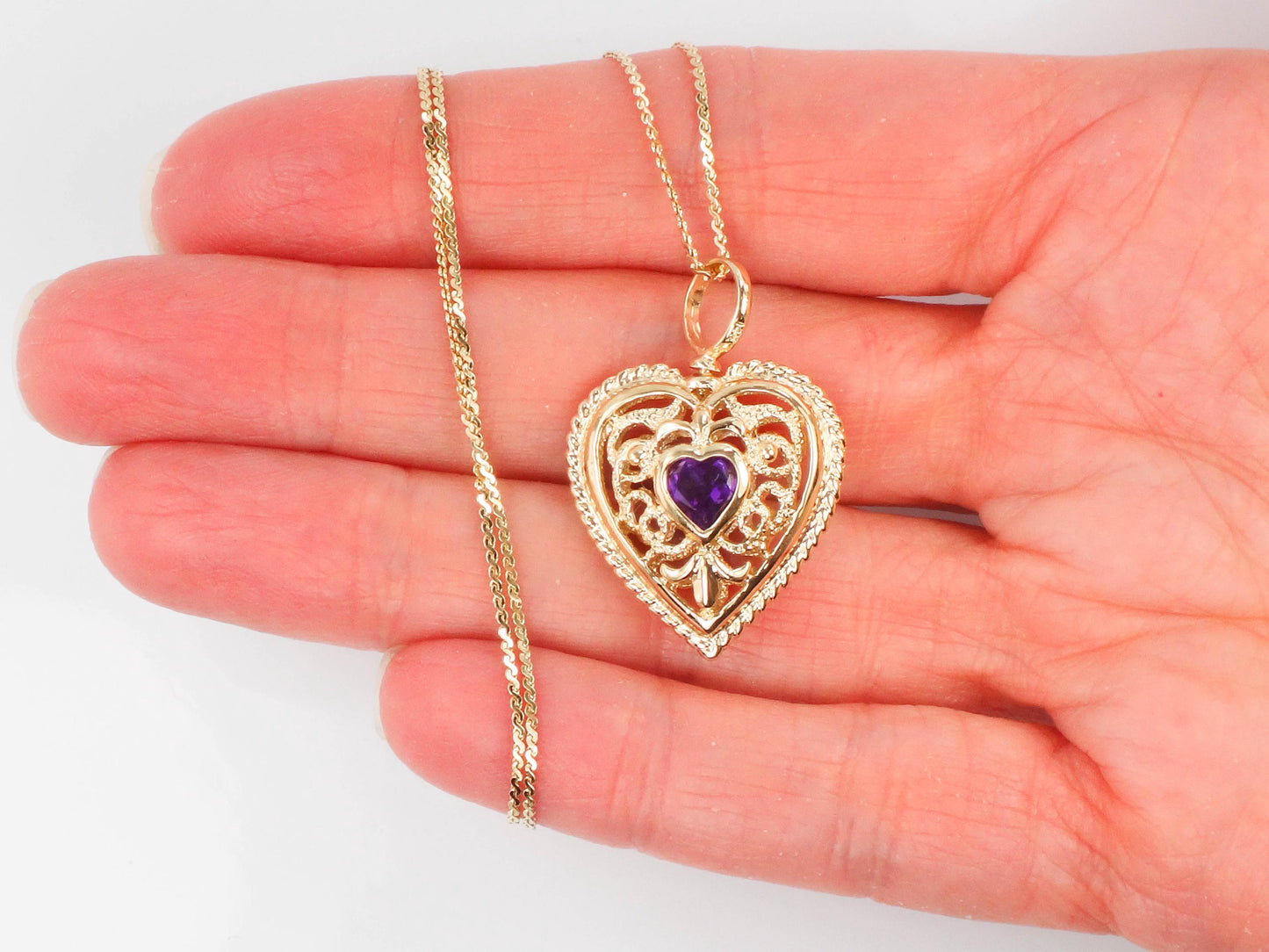 Vintage 14k Yellow Gold Purple Amethyst and Blue Topaz Heart Necklace, Reversible Pendant, 16"