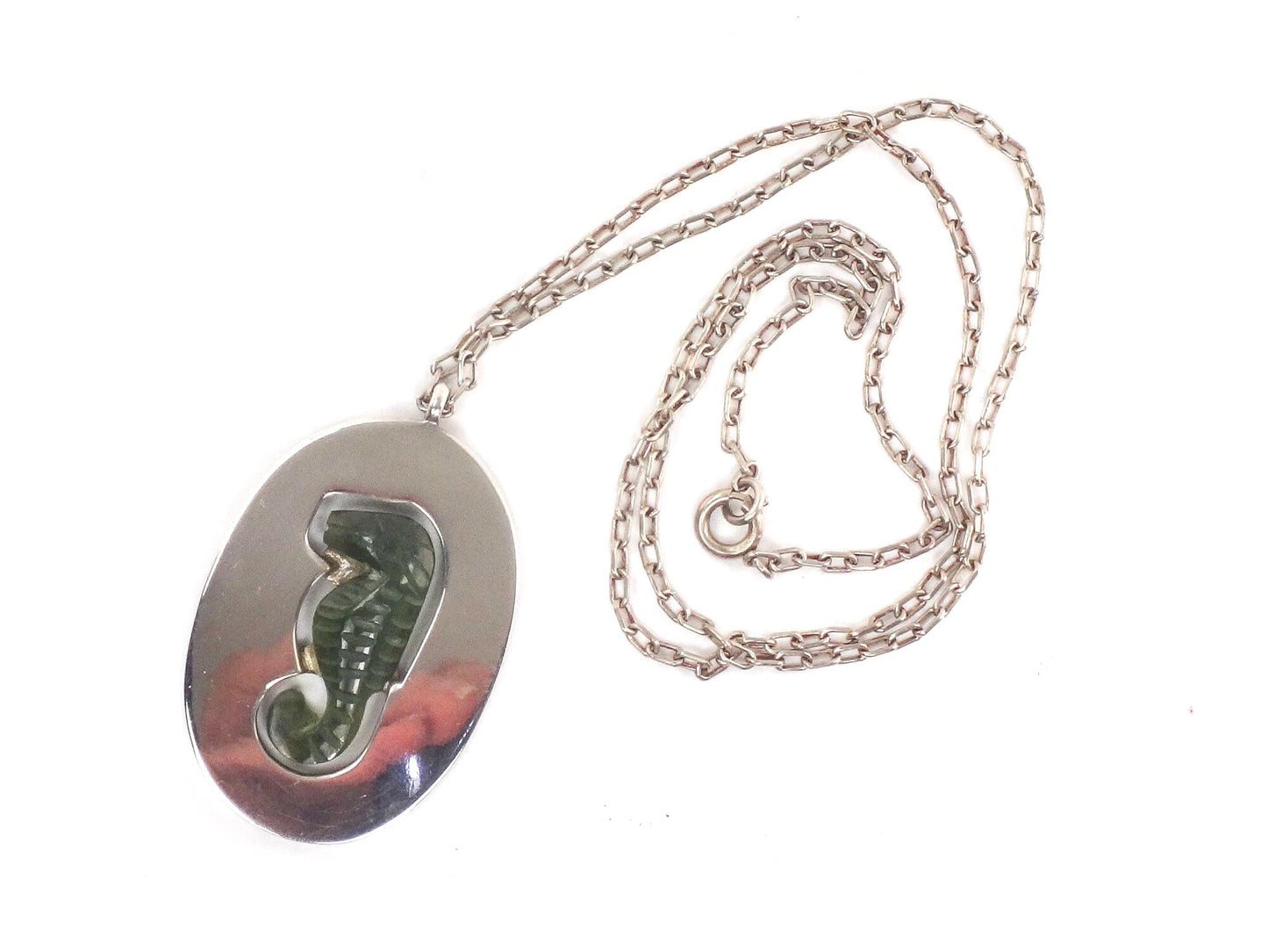Vintage Large Sterling Silver Green Seahorse Pendant Necklace with Paperclip Chain, Carved Chrysoprase, 20.5"