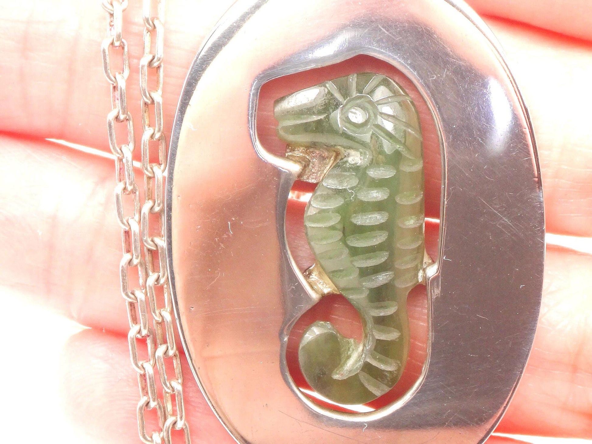 Vintage Large Sterling Silver Green Seahorse Pendant Necklace with Paperclip Chain, Carved Chrysoprase, 20.5"