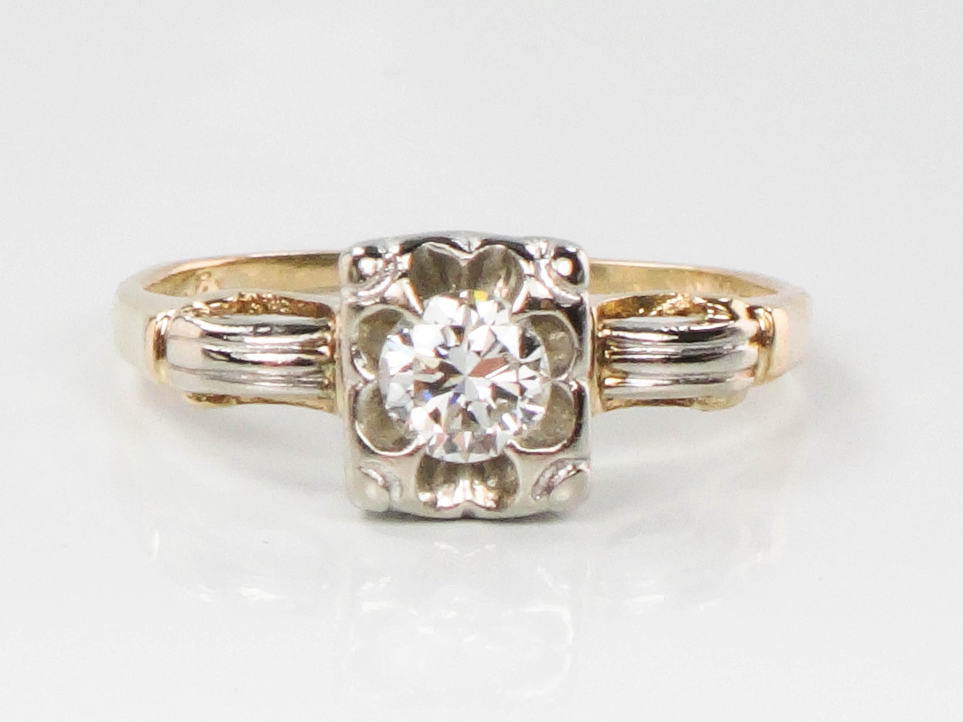 Vintage 14k Gold Round Natural Diamond Engagement Ring, Two Tone Orange Blossom Style Ring
