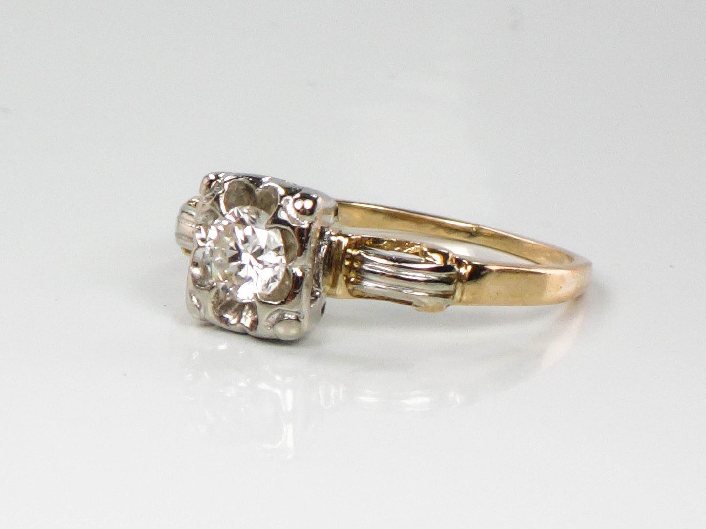 Vintage 14k Gold Round Natural Diamond Engagement Ring, Two Tone Orange Blossom Style Ring