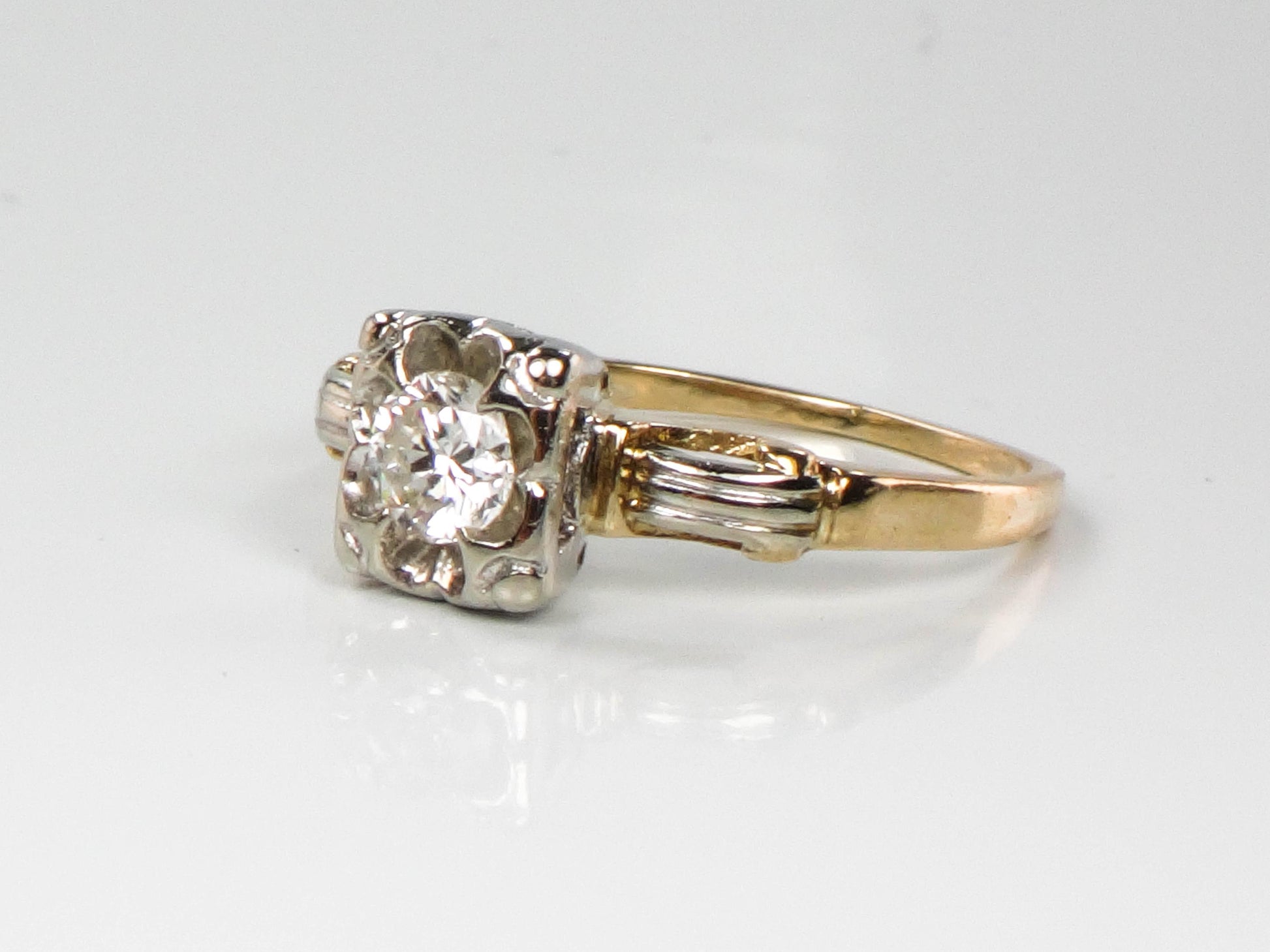 Vintage 14k Gold Round Natural Diamond Engagement Ring, Two Tone Orange Blossom Style Ring