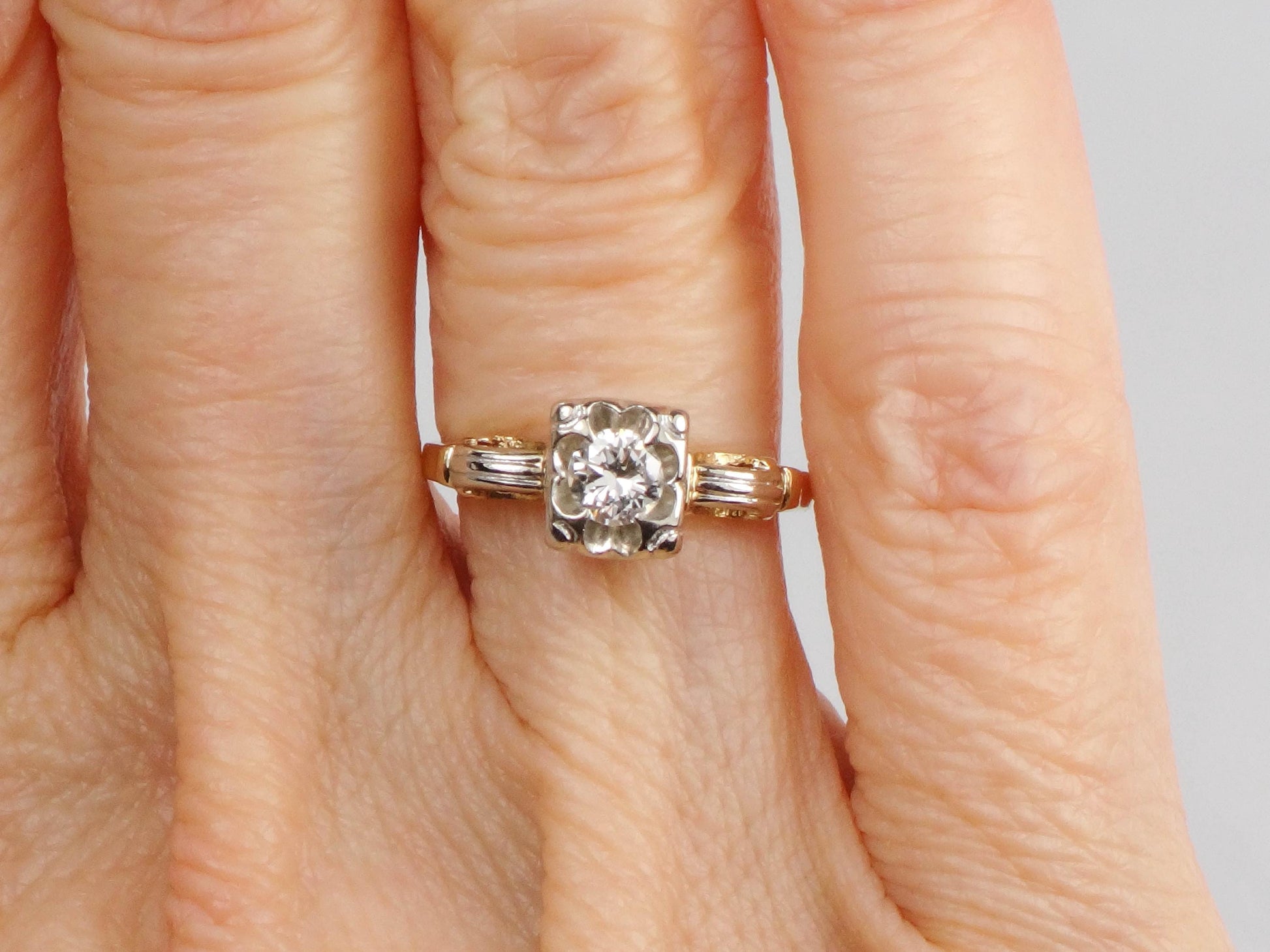 Vintage 14k Gold Round Natural Diamond Engagement Ring, Two Tone Orange Blossom Style Ring