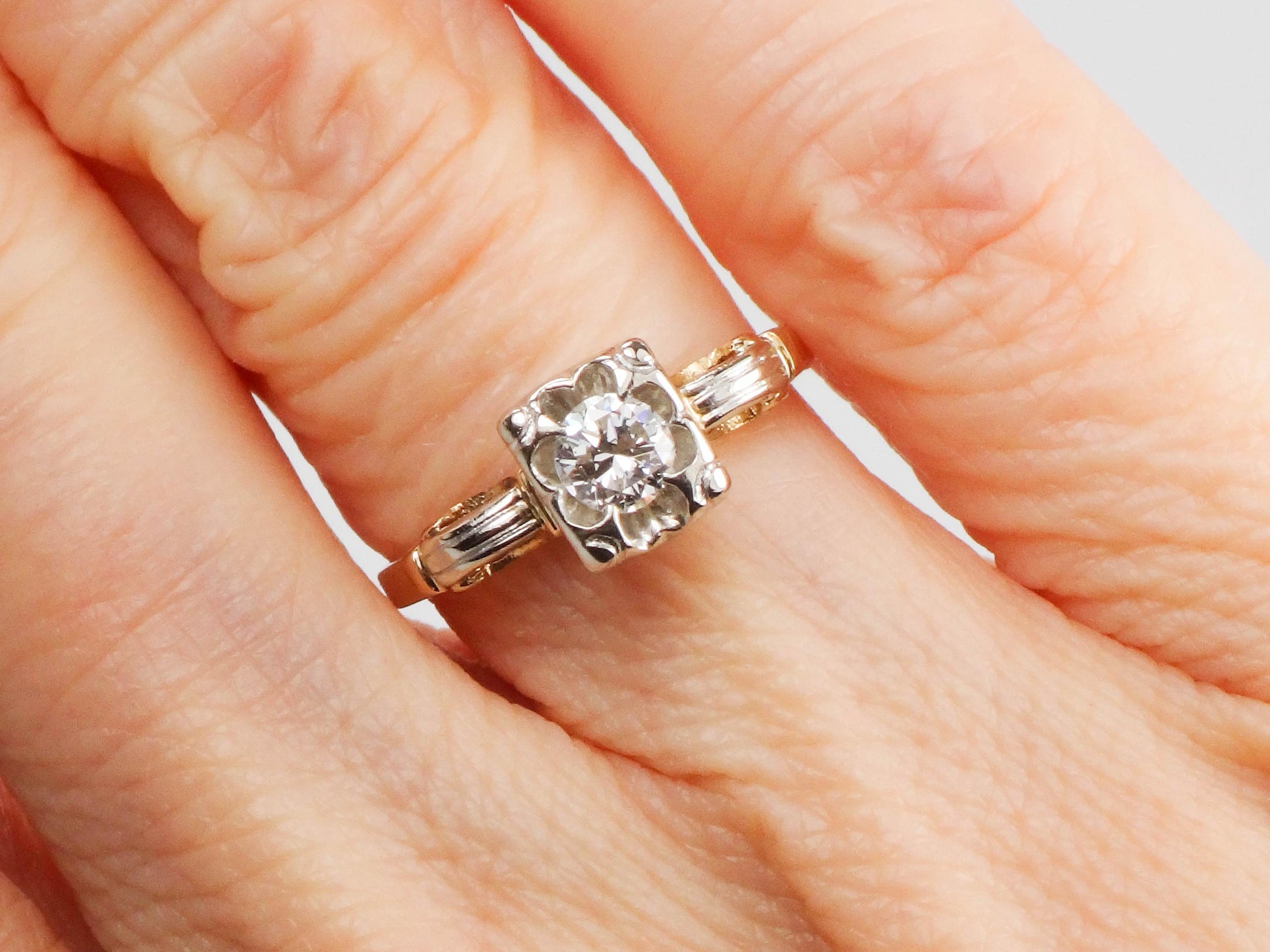 Vintage 14k Gold Round Natural Diamond Engagement Ring, Two Tone Orange Blossom Style Ring