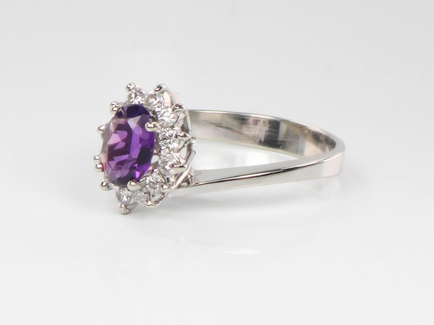 Vintage 14k White Gold Natural Amethyst and Diamond Halo Ring, Purple February Birthstone Ring, Size 7