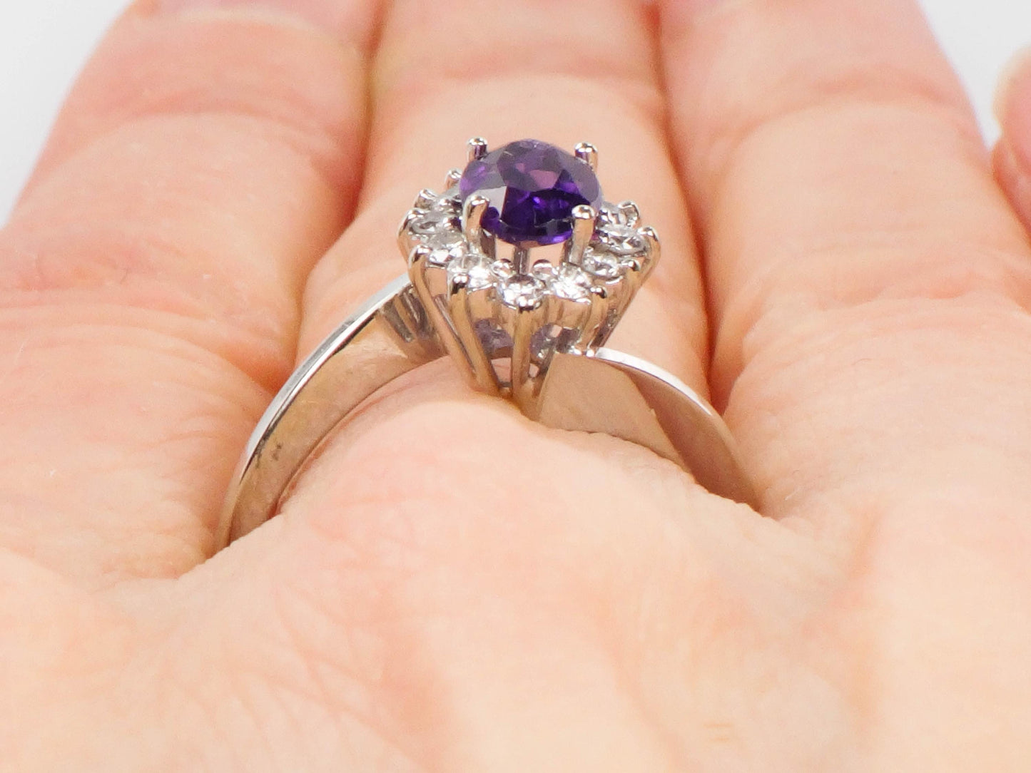 Vintage 14k White Gold Natural Amethyst and Diamond Halo Ring, Purple February Birthstone Ring, Size 7