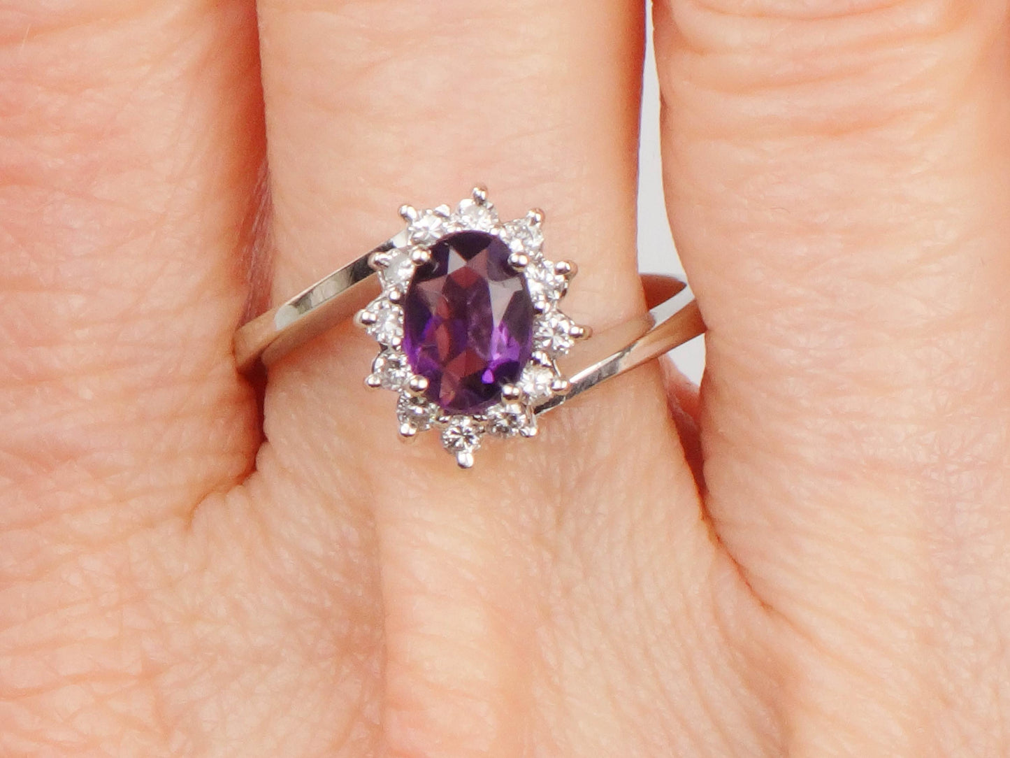 Vintage 14k White Gold Natural Amethyst and Diamond Halo Ring, Purple February Birthstone Ring, Size 7