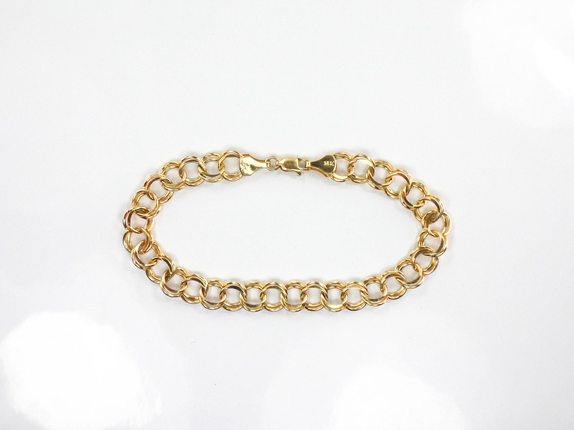 Vintage 14k Yellow Gold Double Link Charm Bracelet with Solid Gold Links 8"