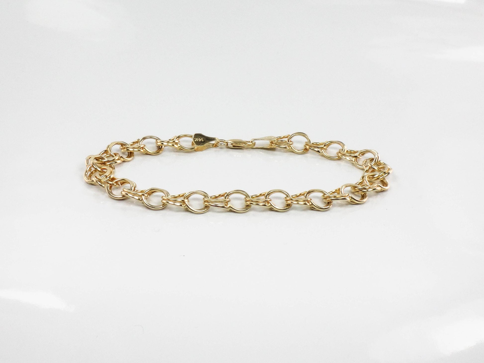 Vintage 14k Yellow Gold Double Link Charm Bracelet with Solid Gold Links 8"