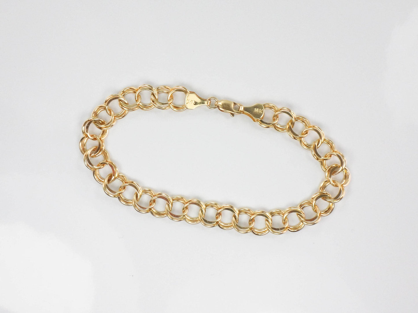 Vintage 14k Yellow Gold Double Link Charm Bracelet with Solid Gold Links 8"