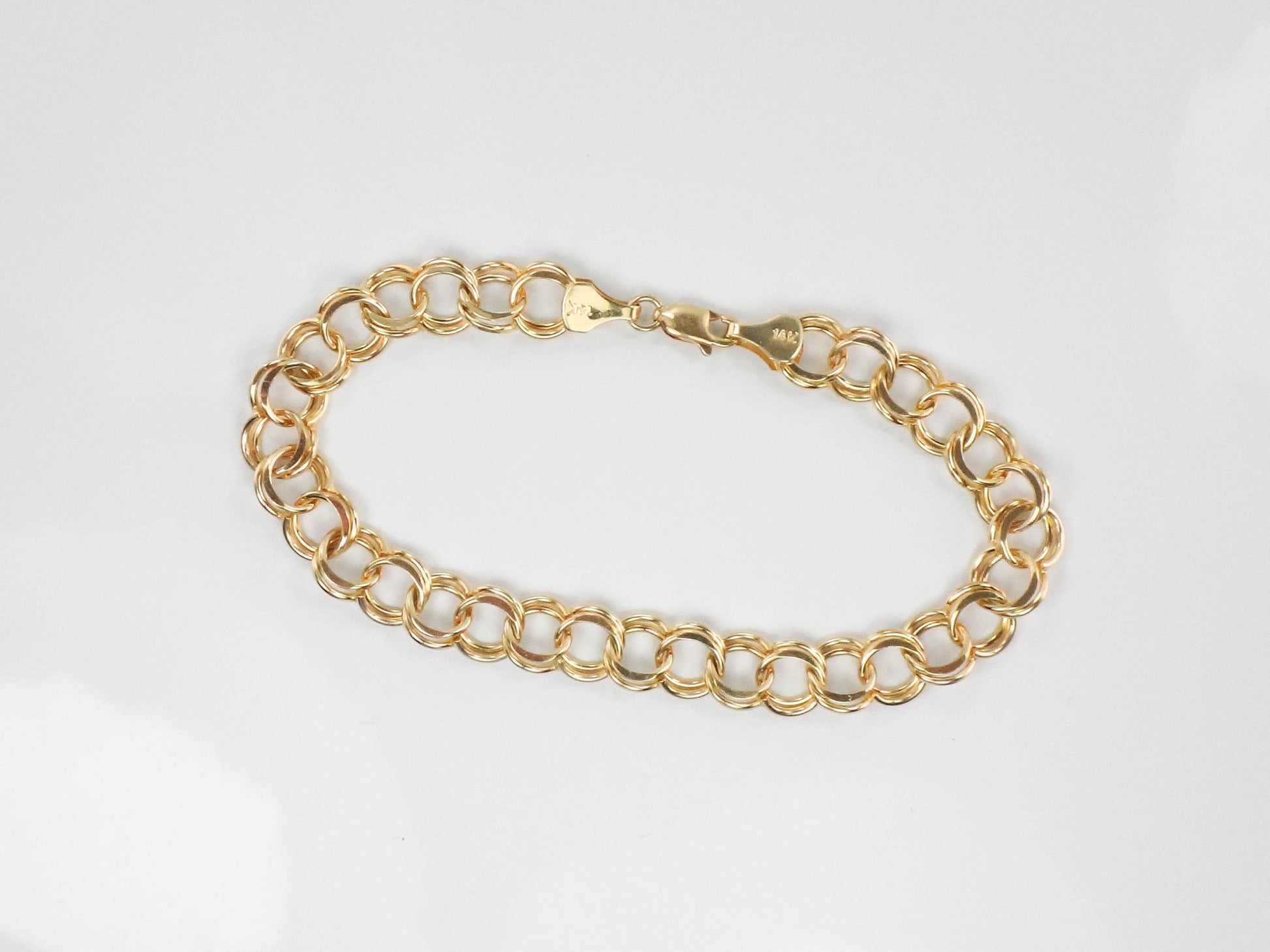 Vintage 14k Yellow Gold Double Link Charm Bracelet with Solid Gold Links 8"