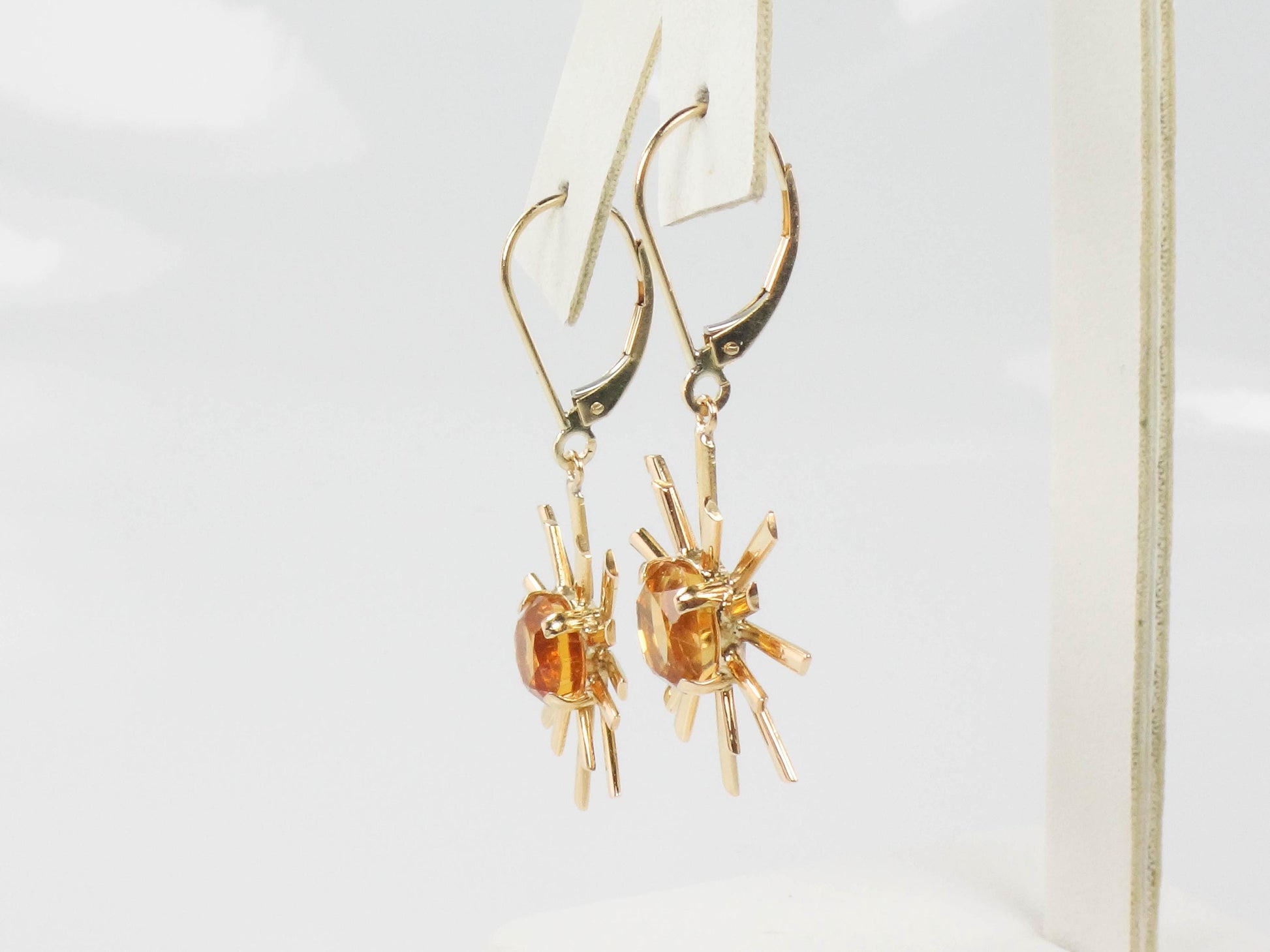 Vintage Citrine Sunburst Dangle Earrings: 18k & 14k Gold November Birthstone