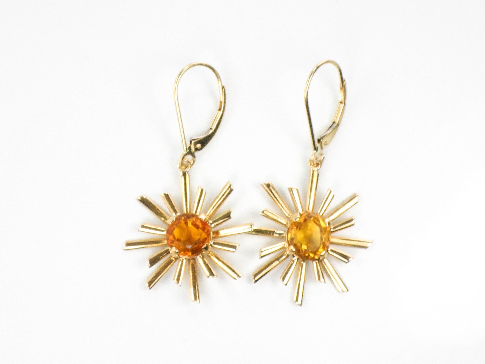 Vintage Citrine Sunburst Dangle Earrings: 18k & 14k Gold November Birthstone