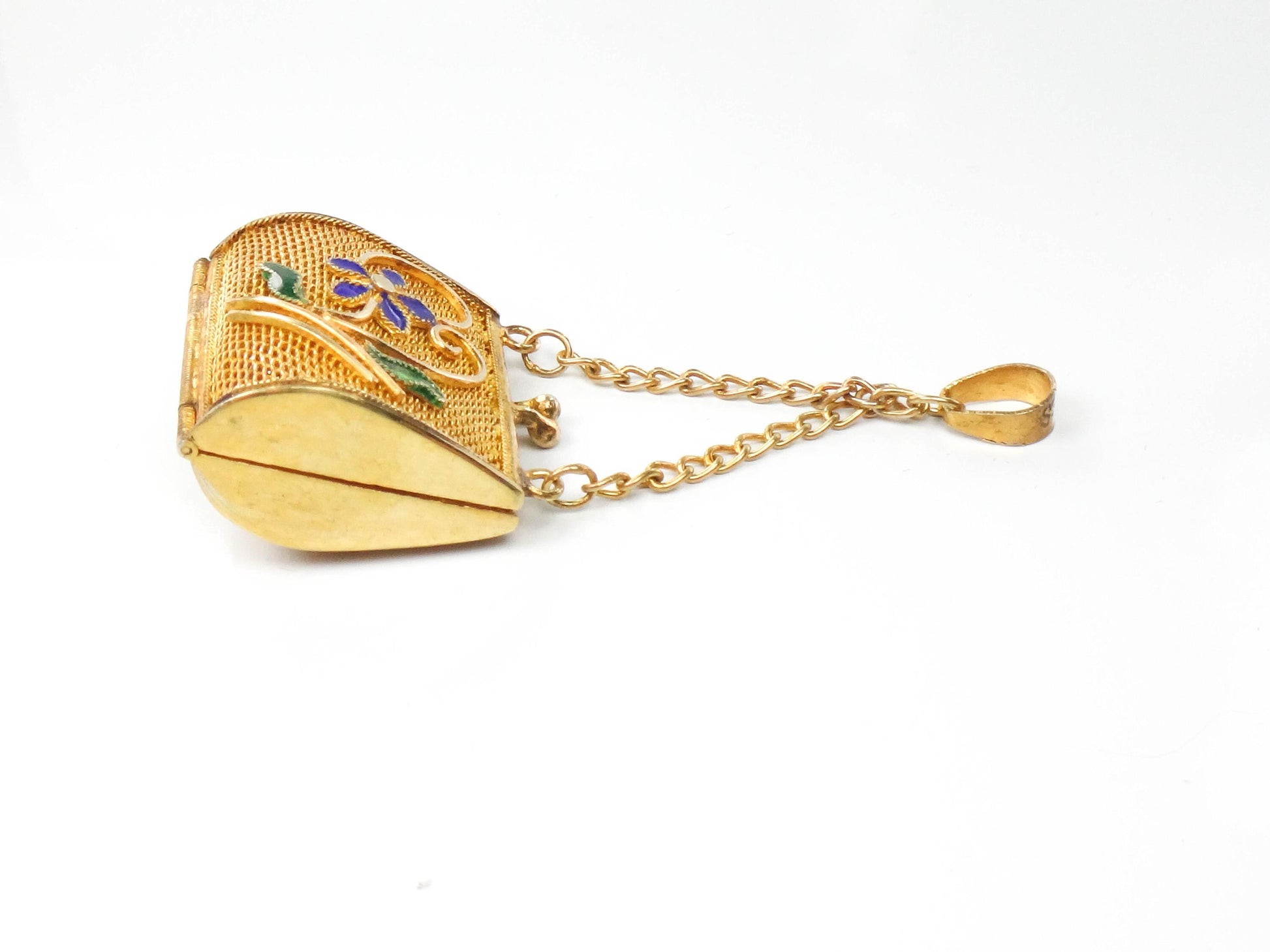 Vintage Gilt Silver Mesh Purse Pendant with Enamel Flowers, Floral Gold Vermeil Over Silver Handbag Charm with Moving Parts