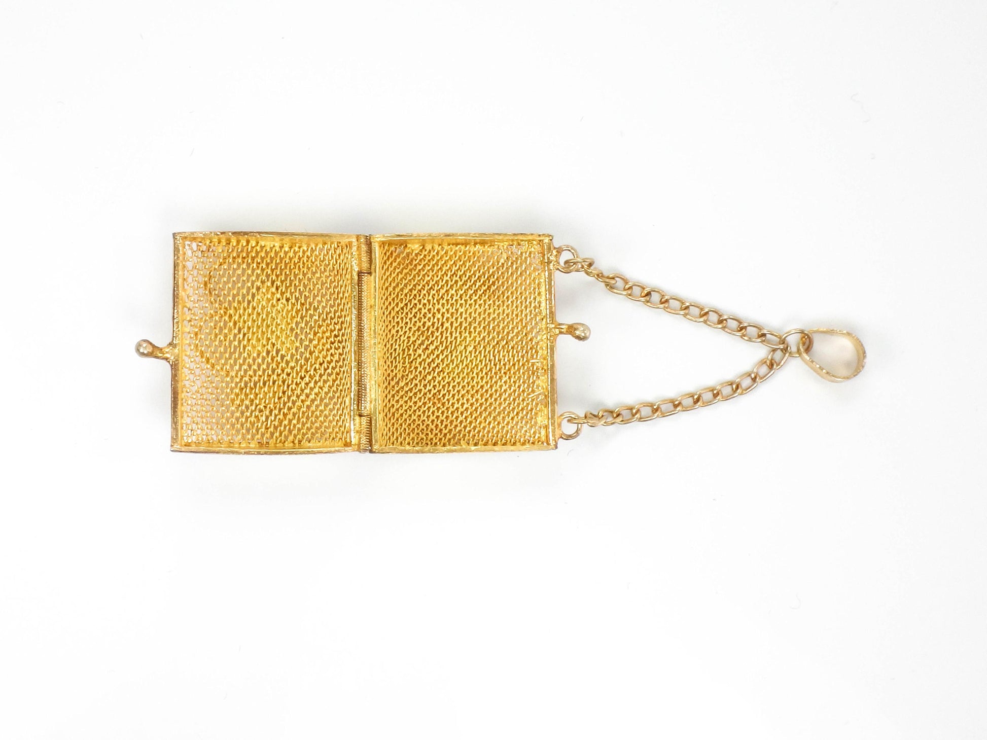 Vintage Gilt Silver Mesh Purse Pendant with Enamel Flowers, Floral Gold Vermeil Over Silver Handbag Charm with Moving Parts