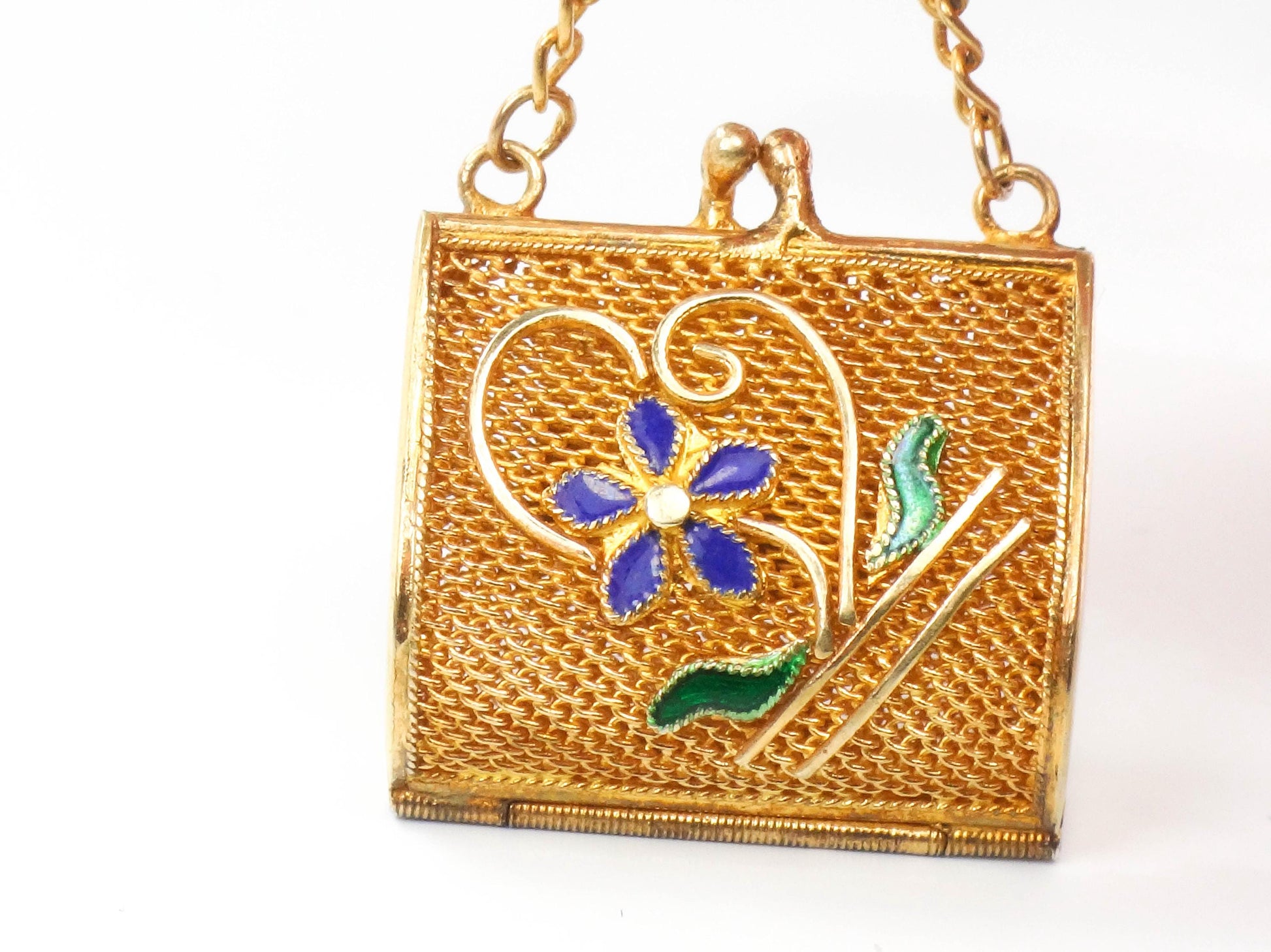 Vintage Gilt Silver Mesh Purse Pendant with Enamel Flowers, Floral Gold Vermeil Over Silver Handbag Charm with Moving Parts