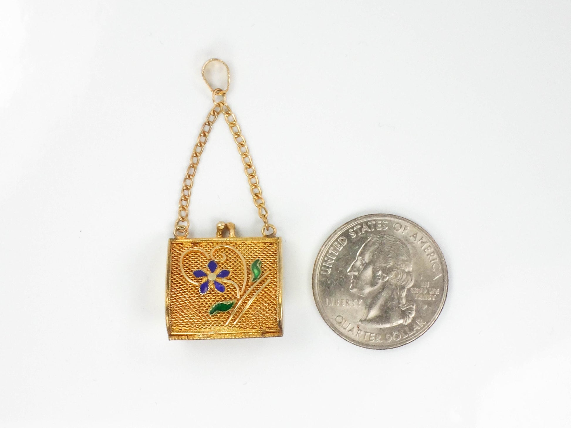 Vintage Gilt Silver Mesh Purse Pendant with Enamel Flowers, Floral Gold Vermeil Over Silver Handbag Charm with Moving Parts
