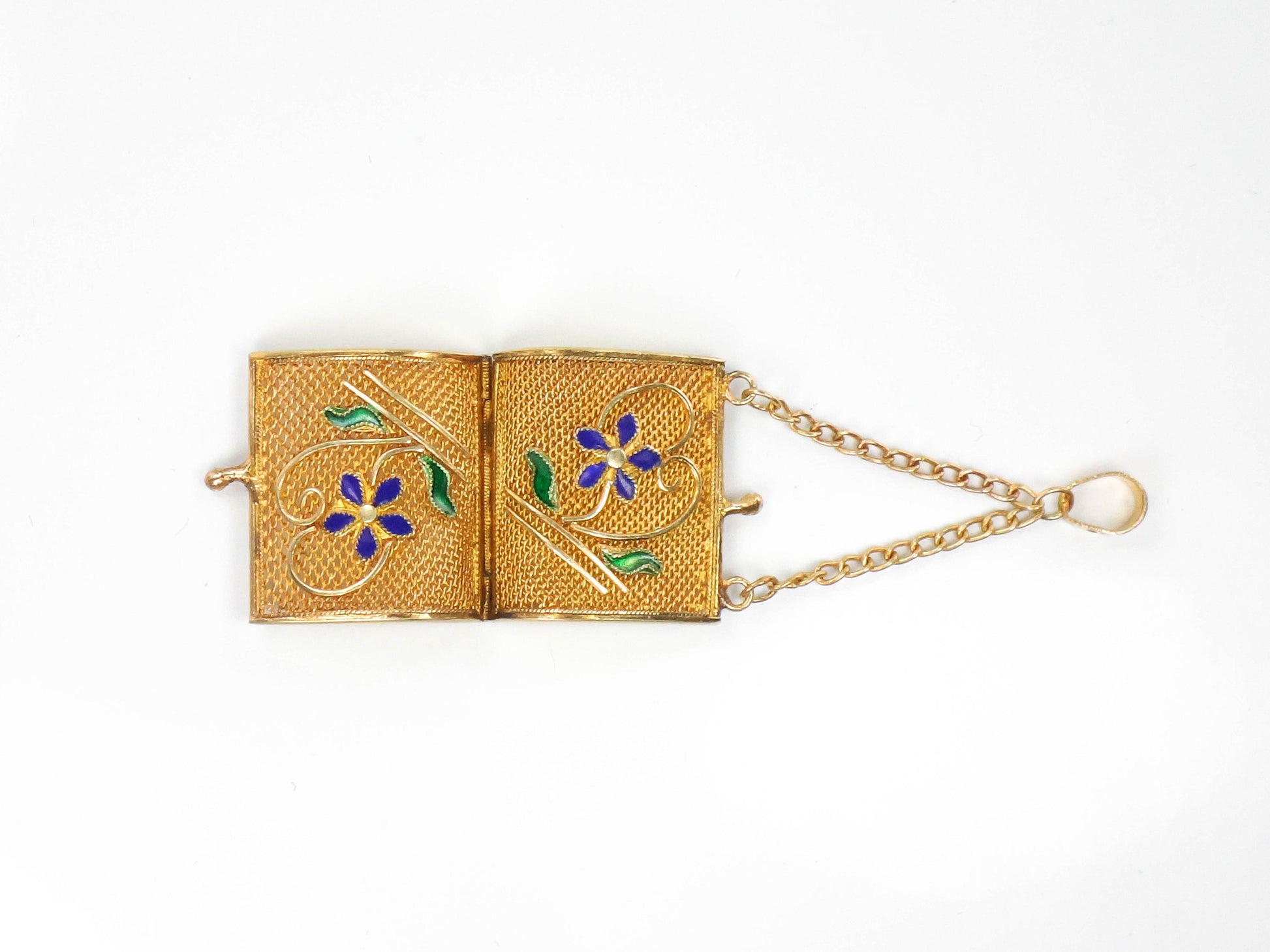 Vintage Gilt Silver Mesh Purse Pendant with Enamel Flowers, Floral Gold Vermeil Over Silver Handbag Charm with Moving Parts