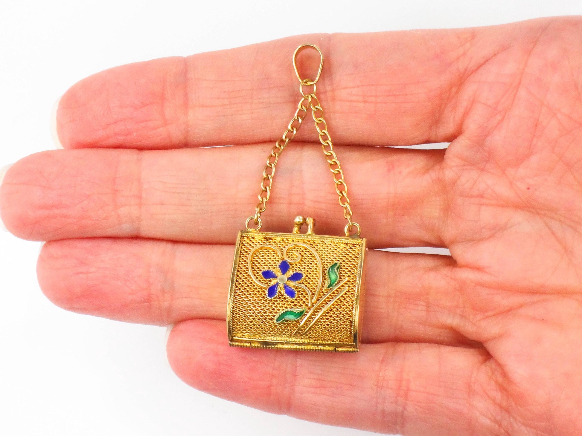 Vintage Gilt Silver Mesh Purse Pendant with Enamel Flowers, Floral Gold Vermeil Over Silver Handbag Charm with Moving Parts