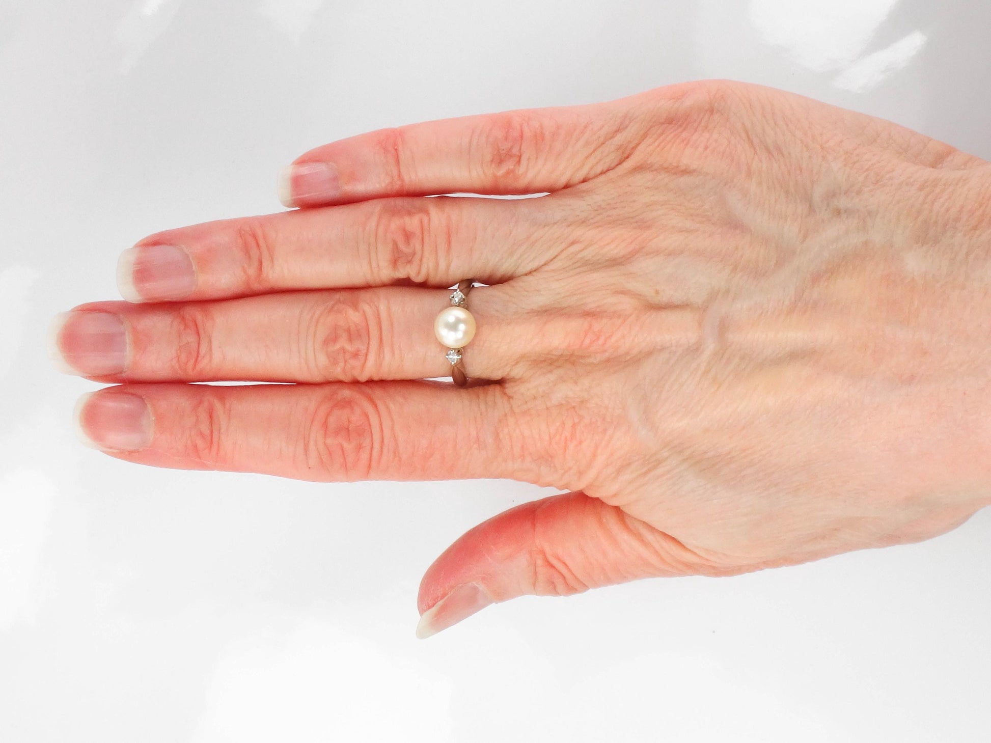 Vintage 14k White Gold Pearl Diamond Ring: Baden & Foss, Size 5.5