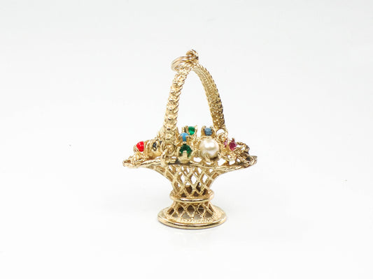 Vintage 14k Gold Basket of Flowers Charm, 3-D Yellow Gold Floral Gemstones Pendant