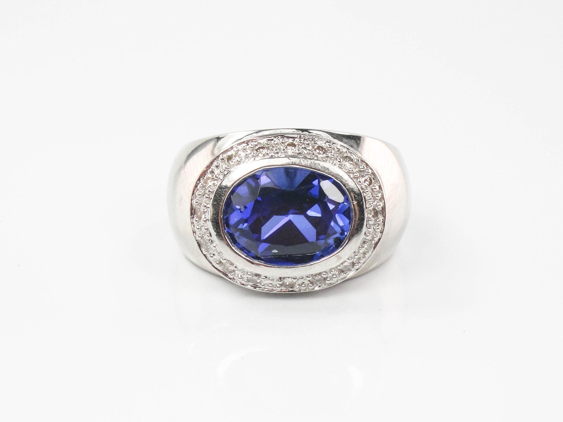 Vintage 14k White Gold Blue Sapphire Diamond Ring: Sideways Set September Birthstone, Size 4