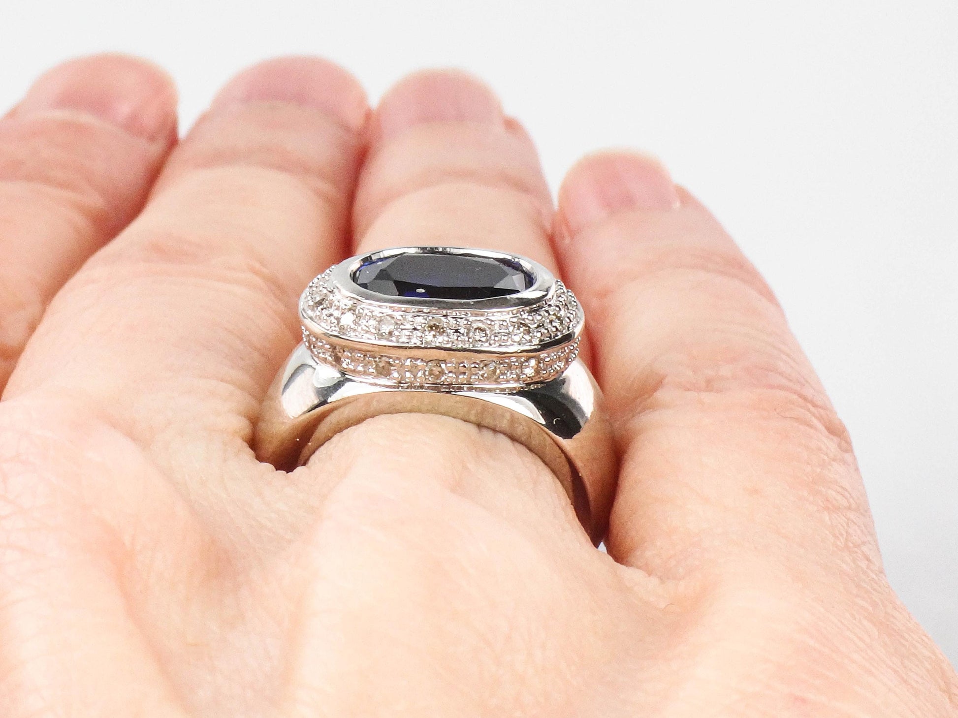 Vintage 14k White Gold Blue Sapphire Diamond Ring: Sideways Set September Birthstone, Size 4