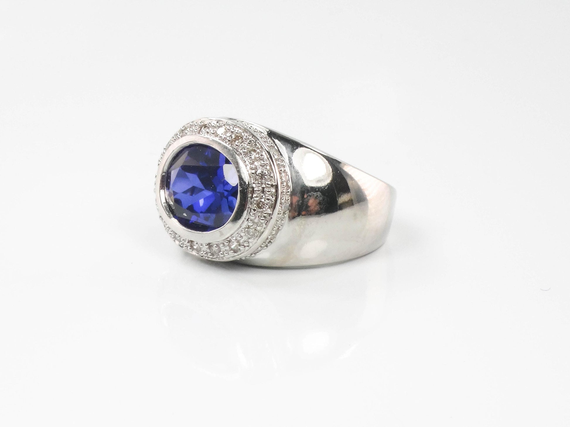 Vintage 14k White Gold Blue Sapphire Diamond Ring: Sideways Set September Birthstone, Size 4