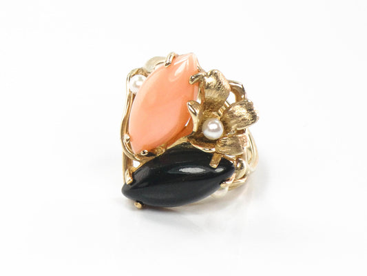 Vintage 14k Gold Angel Skin Coral, Onyx & Pearl Ring: Floral, Size 6.5