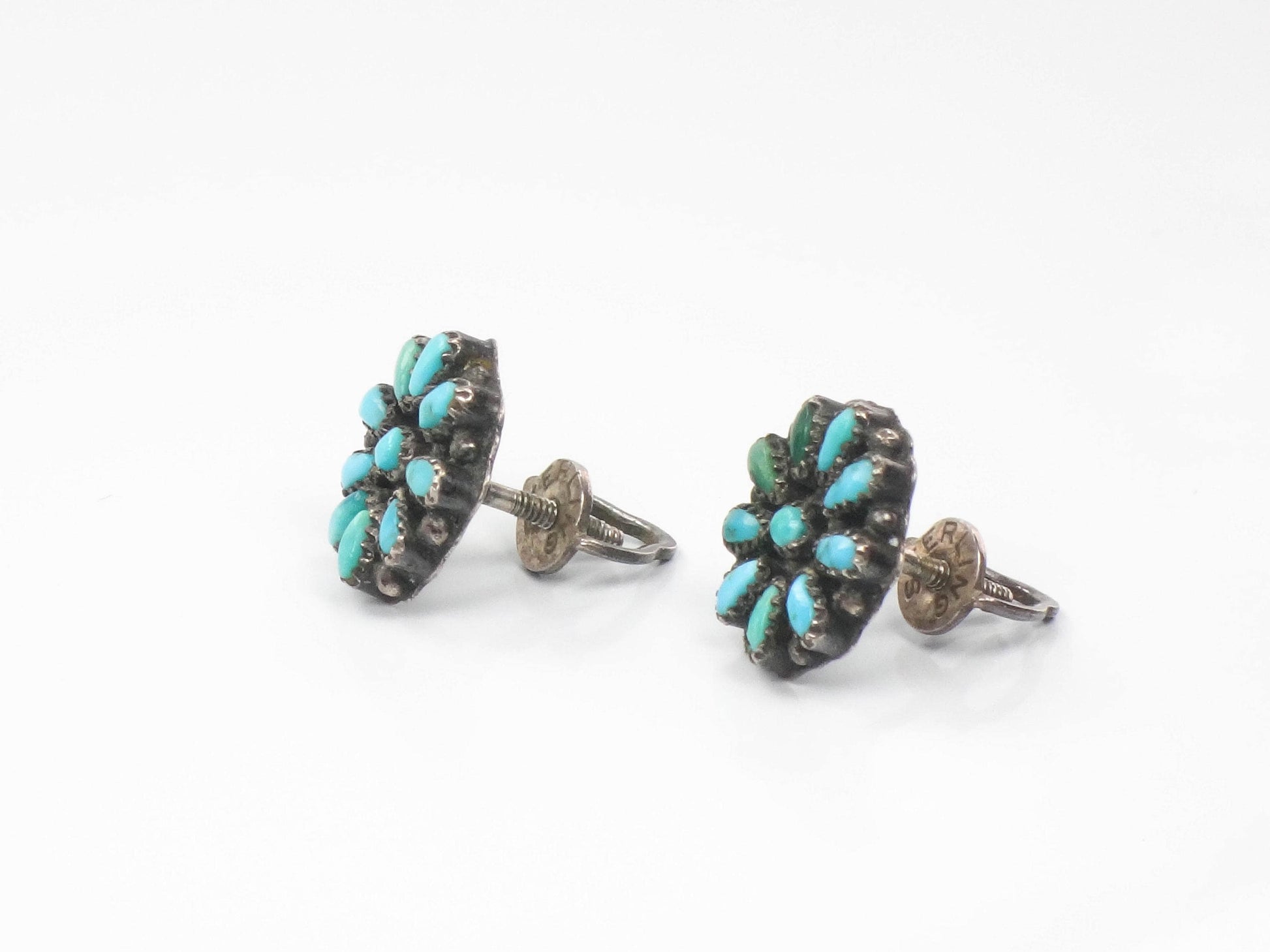 Vintage Turquoise Sterling Silver Stud Earrings: Petit Point Southwestern Style