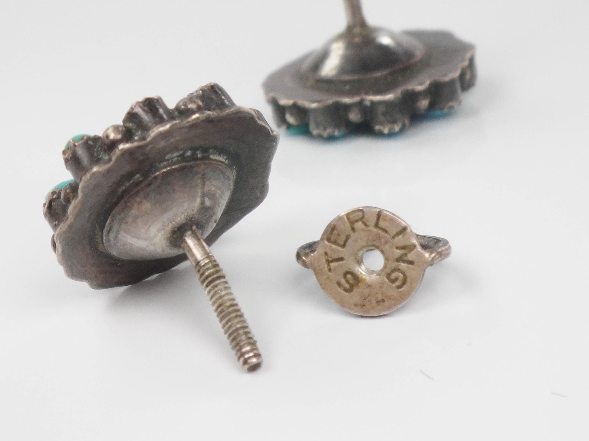 Vintage Turquoise Sterling Silver Stud Earrings: Petit Point Southwestern Style
