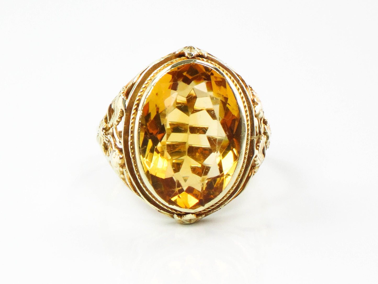 14k Citrine Ring - Art Deco Golden Stone Grapes and Leaves Design - Vintage Circa 1930's - Size 8 3/4 - Fine Jewelry