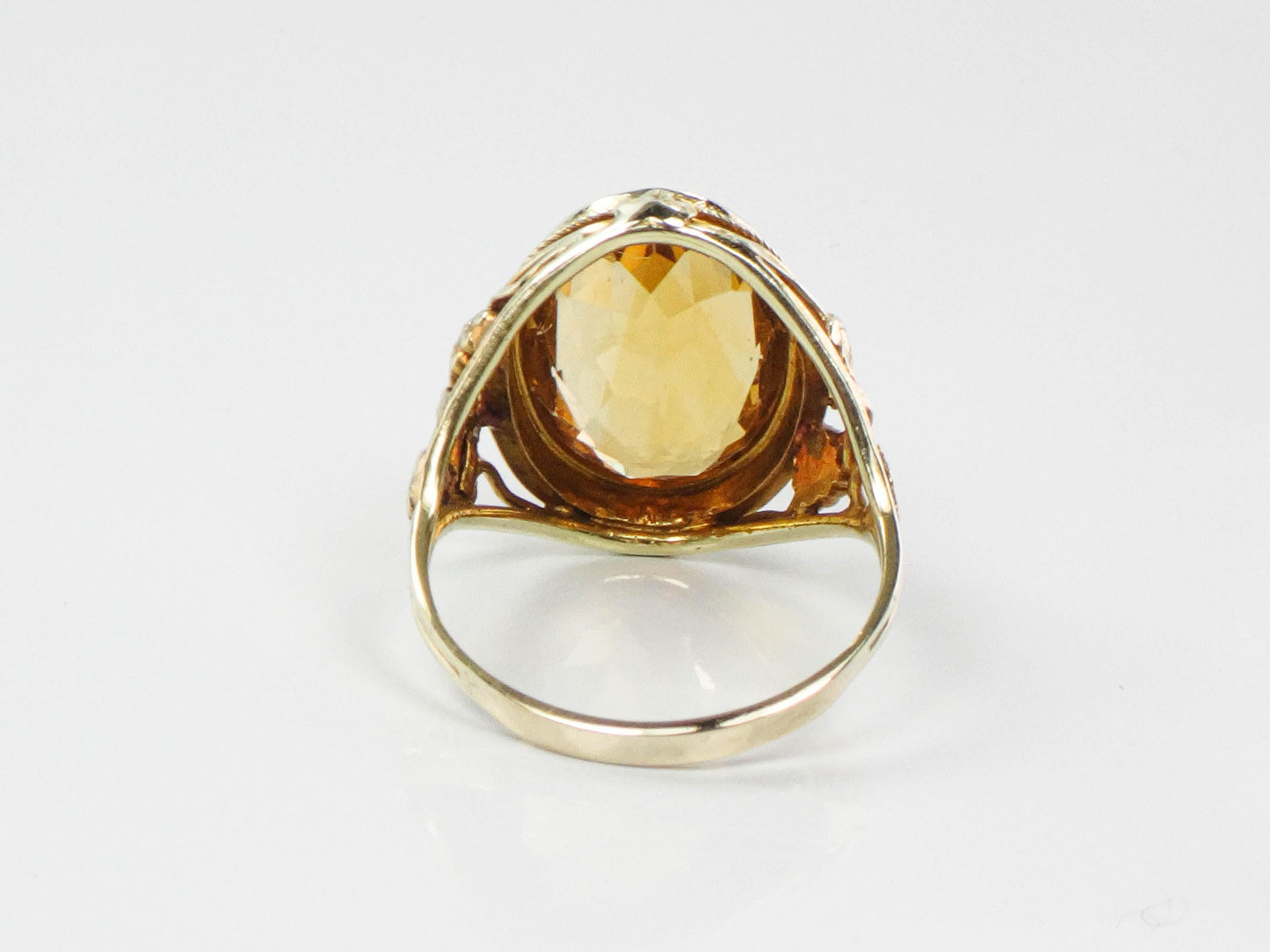 14k Citrine Ring - Art Deco Golden Stone Grapes and Leaves Design - Vintage Circa 1930's - Size 8 3/4 - Fine Jewelry