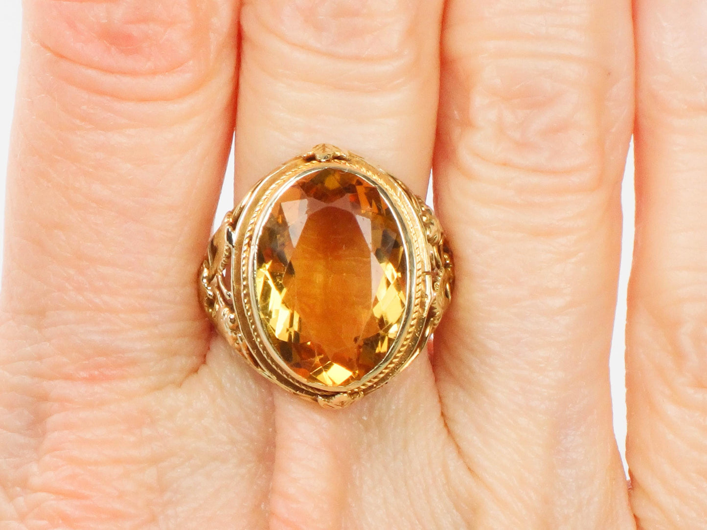 14k Citrine Ring - Art Deco Golden Stone Grapes and Leaves Design - Vintage Circa 1930's - Size 8 3/4 - Fine Jewelry