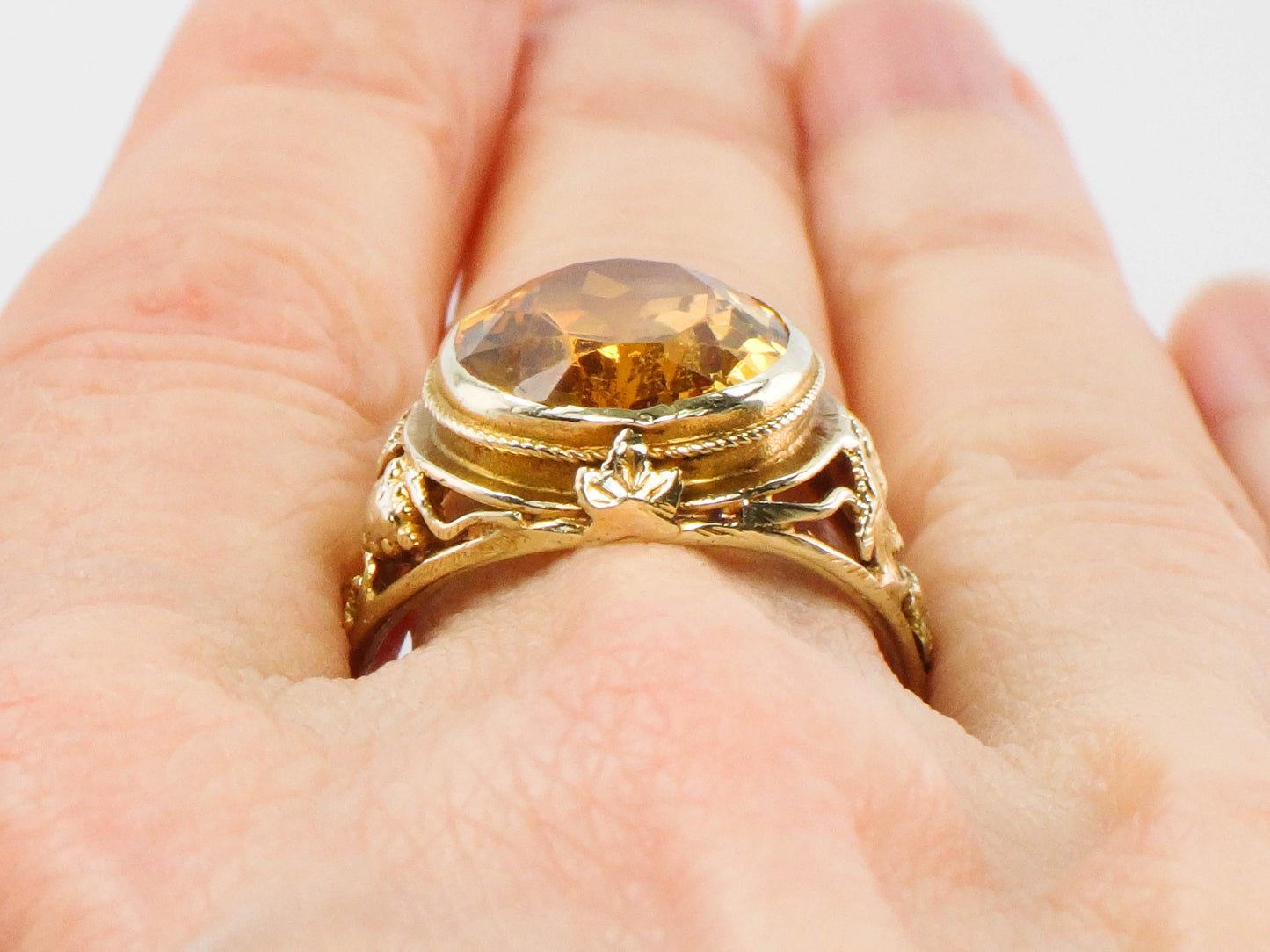 14k Citrine Ring - Art Deco Golden Stone Grapes and Leaves Design - Vintage Circa 1930's - Size 8 3/4 - Fine Jewelry