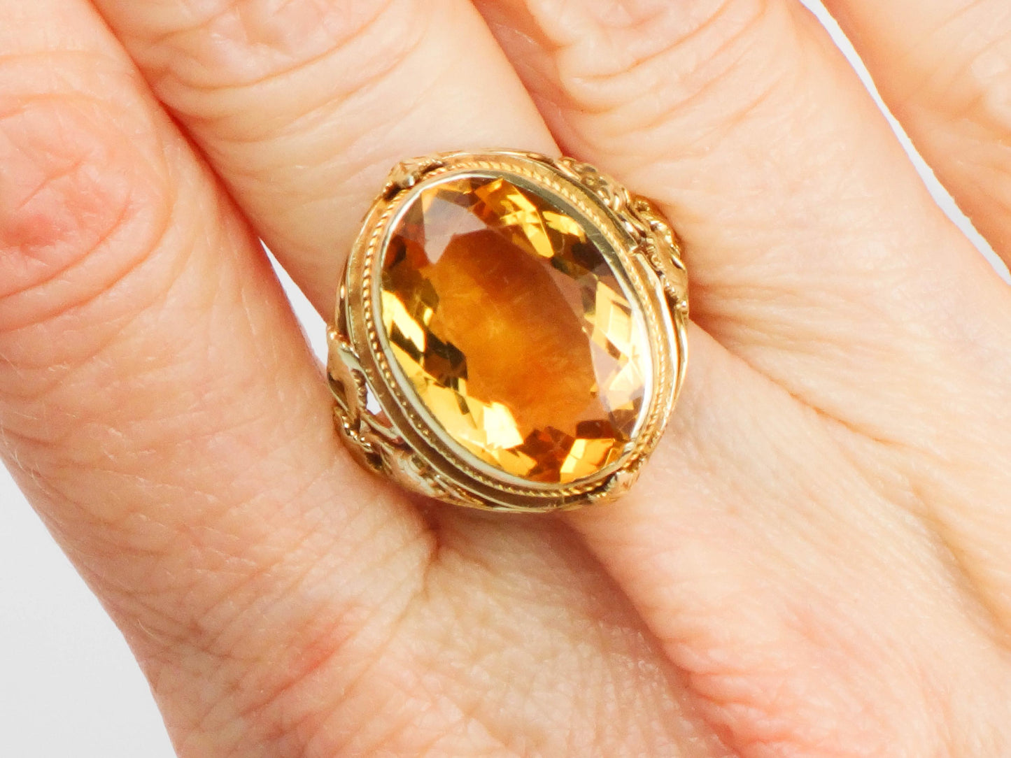 14k Citrine Ring - Art Deco Golden Stone Grapes and Leaves Design - Vintage Circa 1930's - Size 8 3/4 - Fine Jewelry