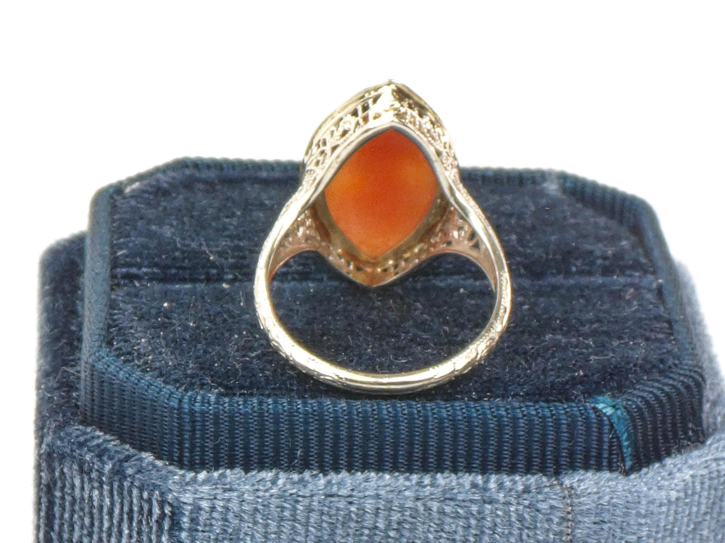 Vintage Art Deco 14k White Gold Cameo Ring, Filigree Marquise Shaped Shell Cameo Ring Size 5