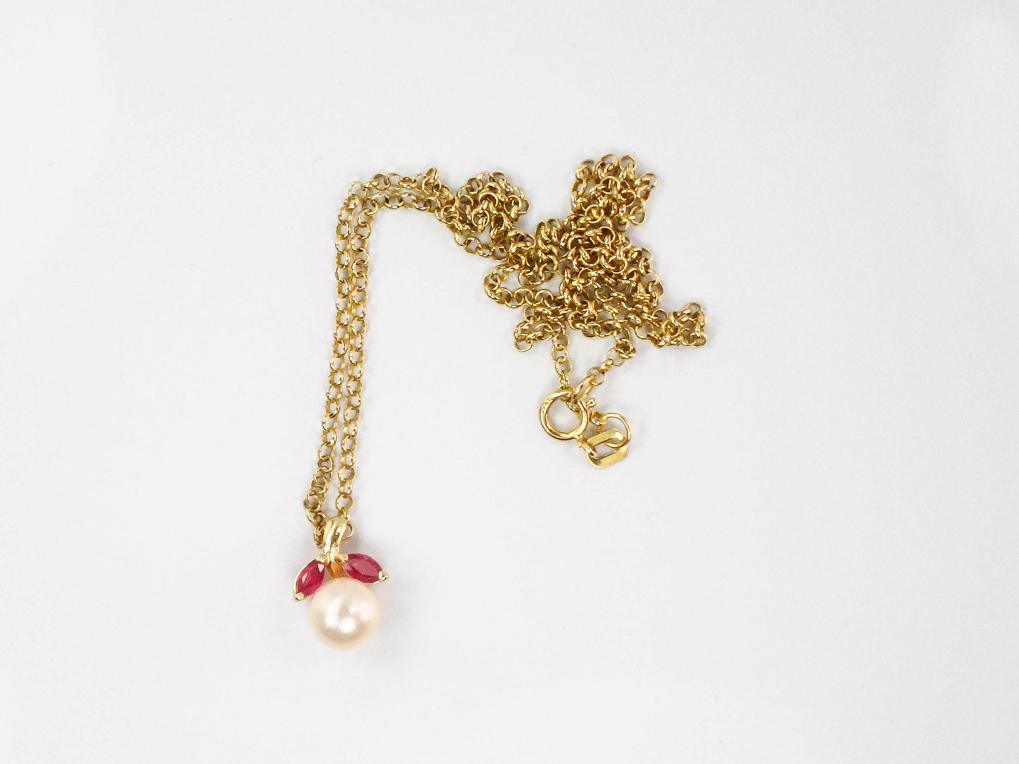 Vintage Solid Yellow Gold Pearl and Ruby Drop Necklace, 14k Cultured Pearl Pendant on 18k Chain, Bridal Necklace 16"
