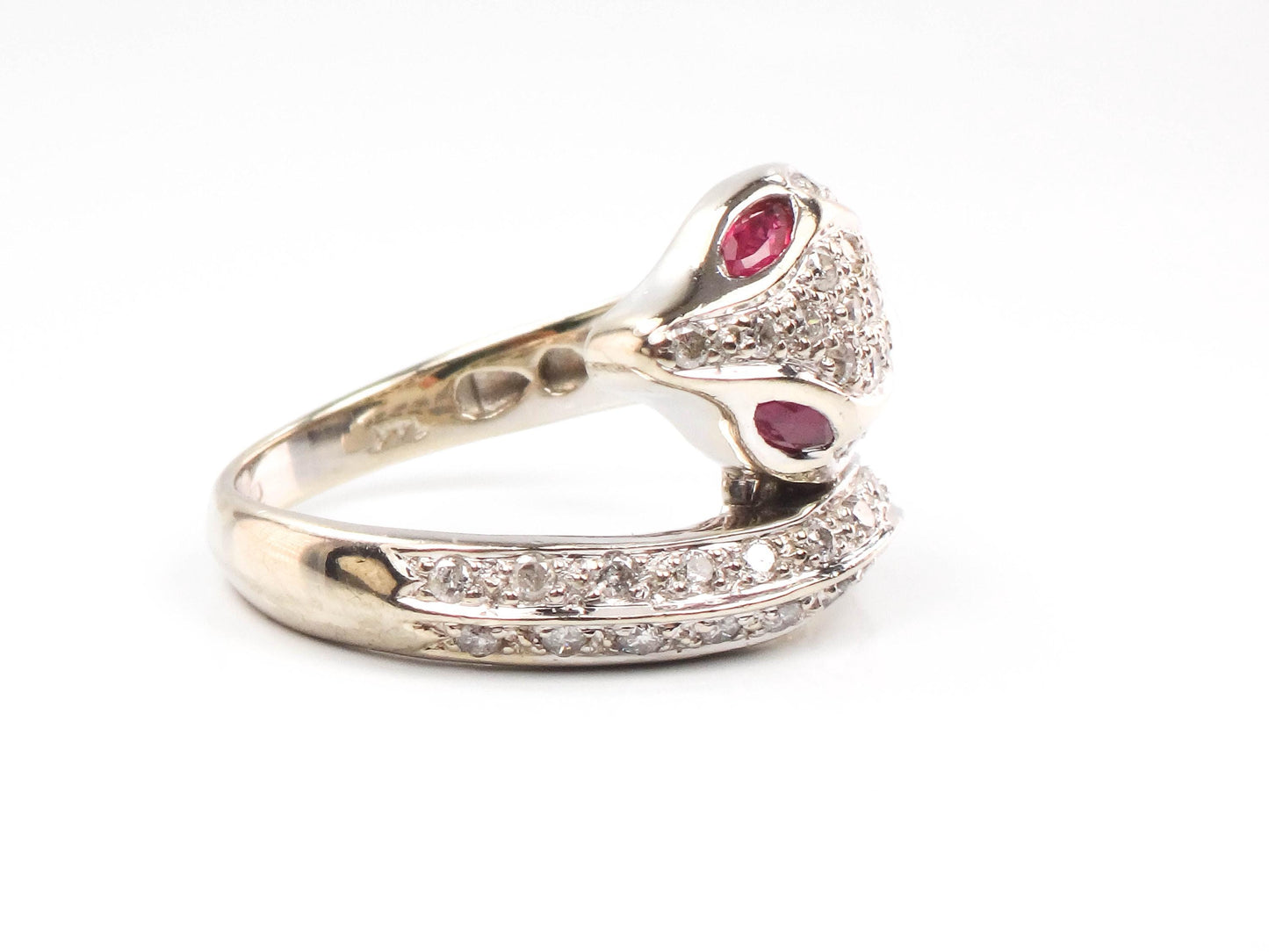 Vintage 14k White Gold Diamond and Ruby Snake Ring, Size 8