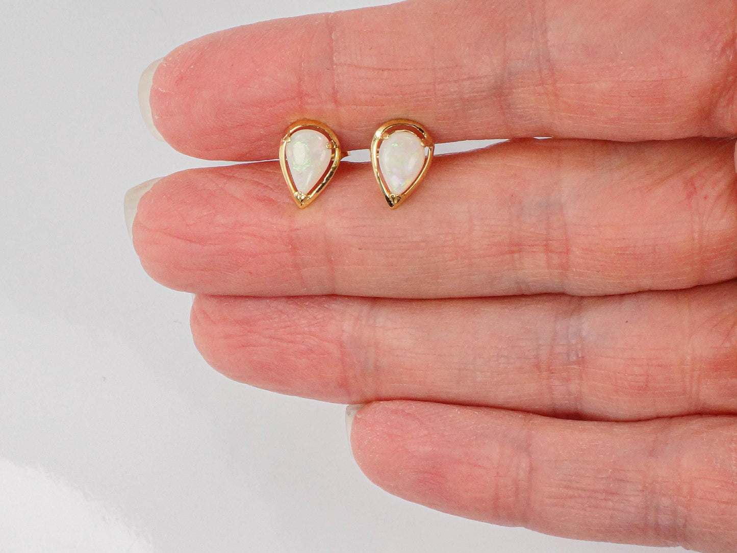 Vintage 14k Yellow Gold Natural Opal Earrings - Pear Shaped Studs - October Birthstone Birthday Gift