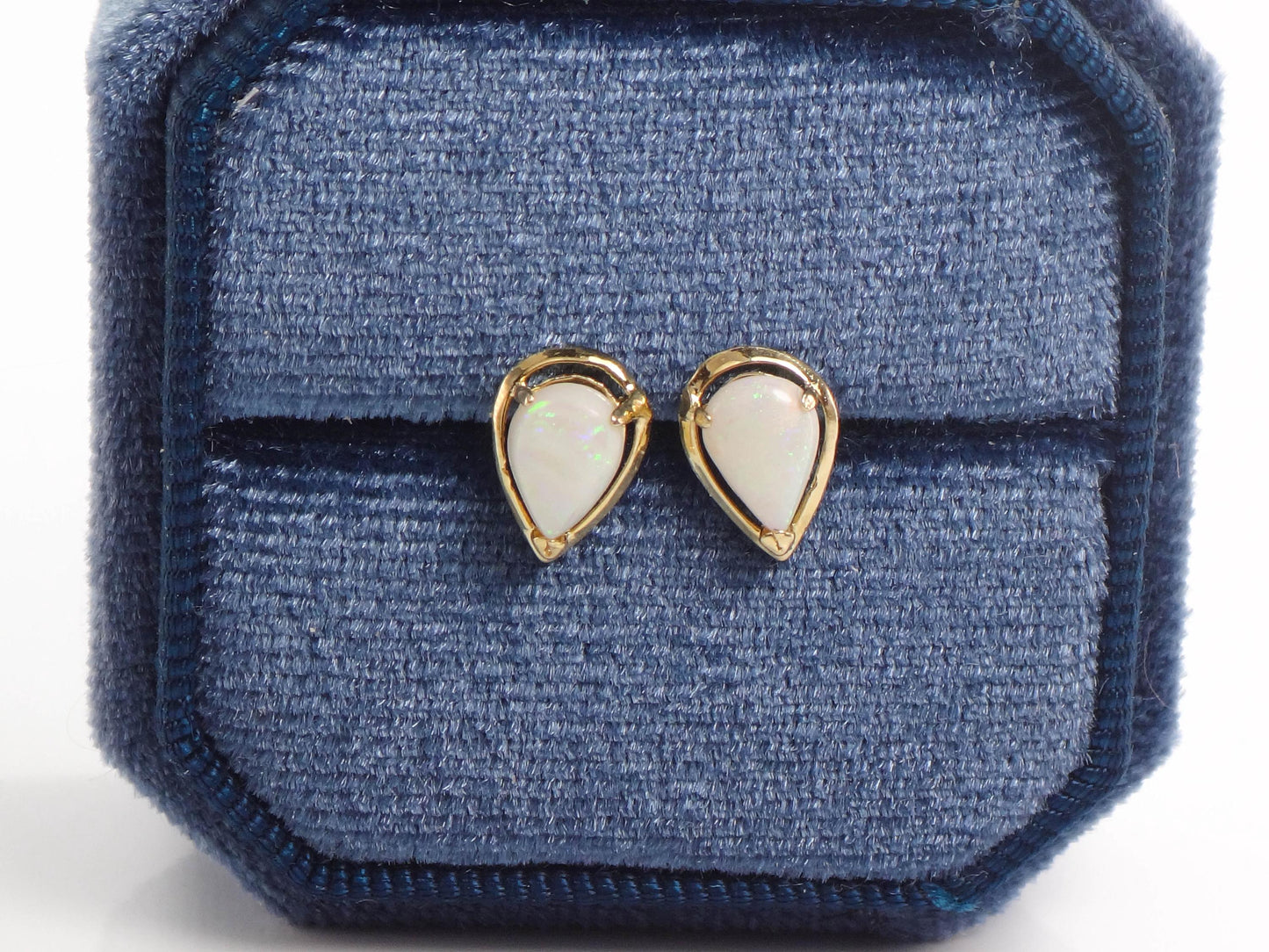 Vintage 14k Yellow Gold Natural Opal Earrings - Pear Shaped Studs - October Birthstone Birthday Gift
