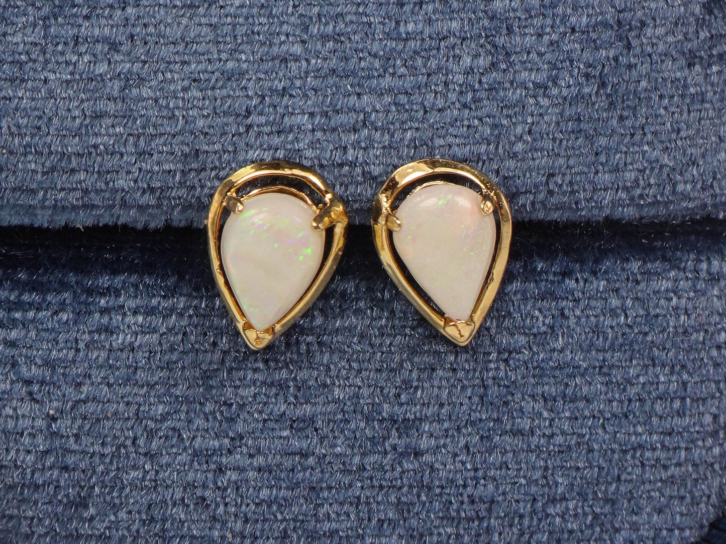 Vintage 14k Yellow Gold Natural Opal Earrings - Pear Shaped Studs - October Birthstone Birthday Gift